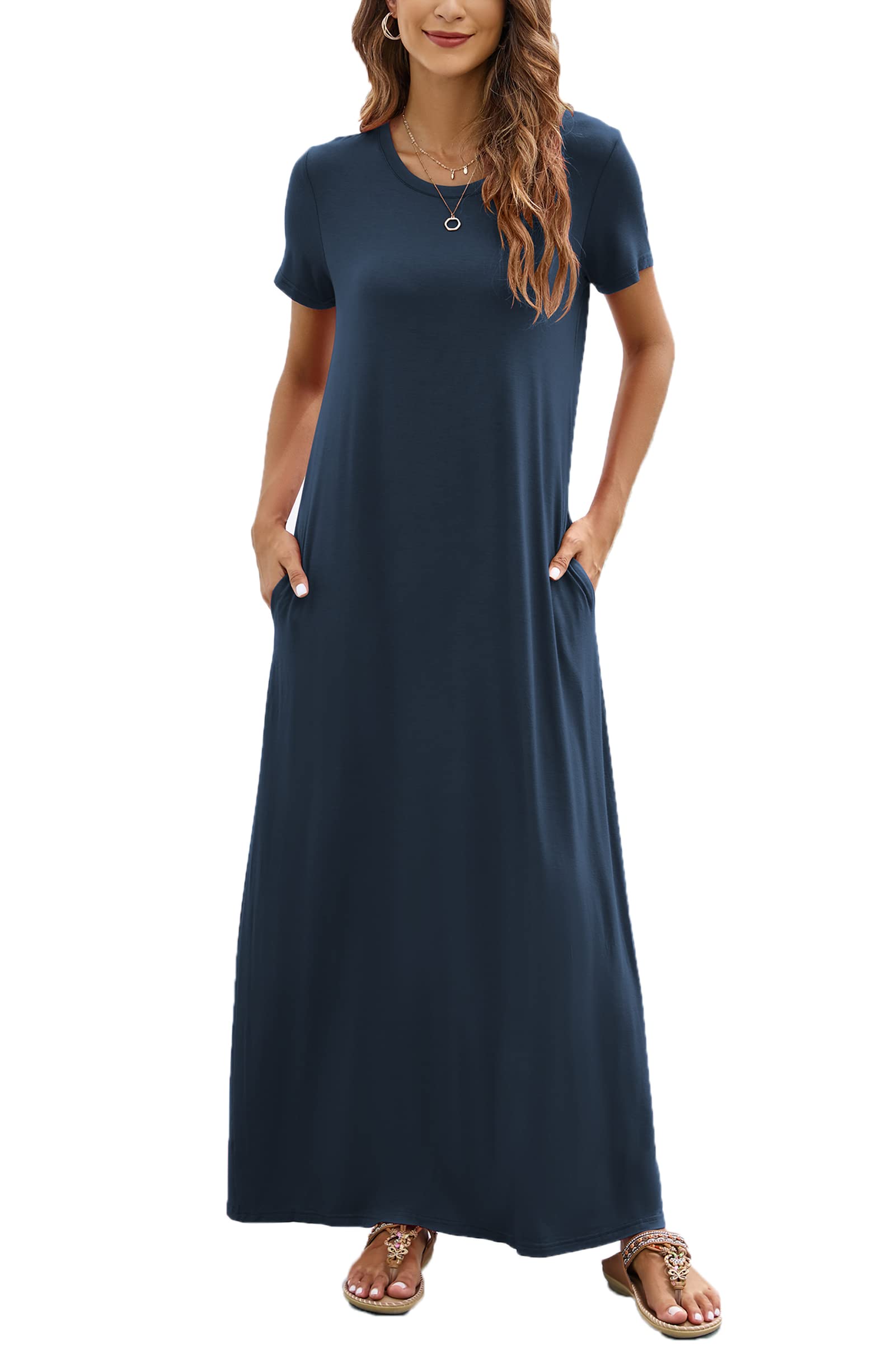 Hount Women's Summer Short Sleeve Maxi Dress - Casual Loose Beach Sundress with Pockets | Perfect for Vacation, Beach Outings & Summer Parties