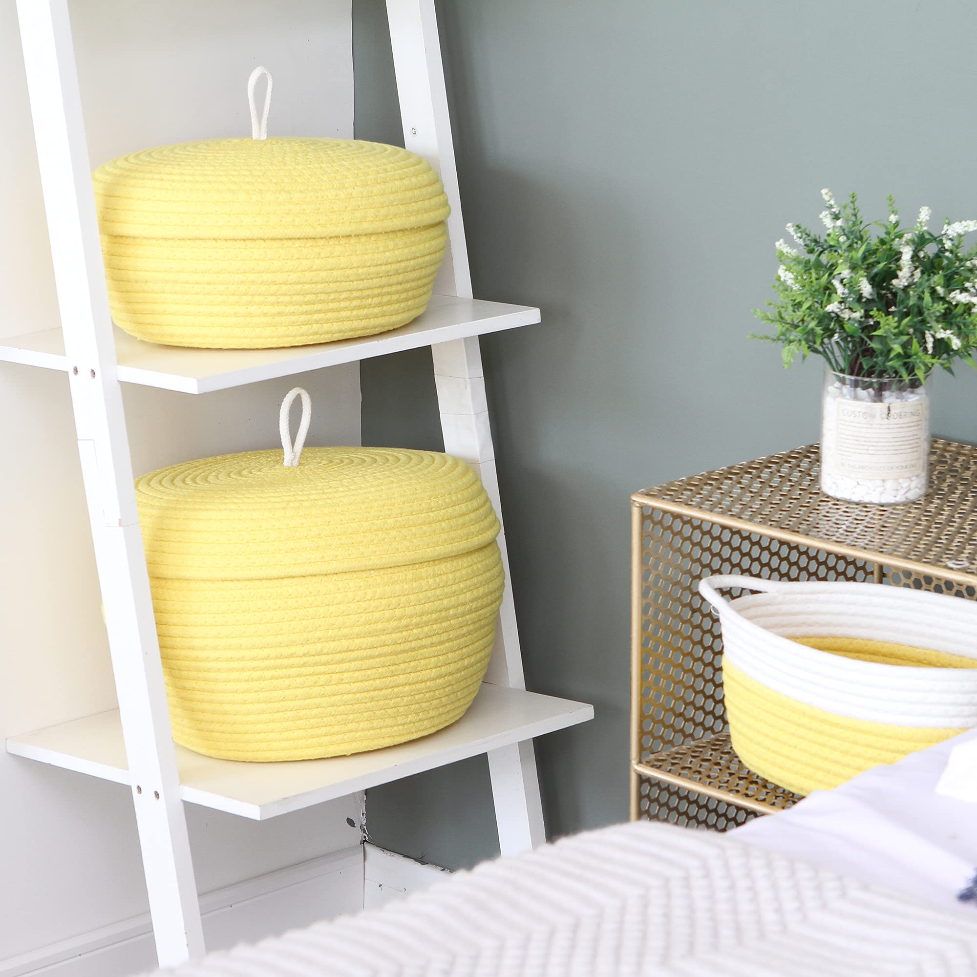 Sea Team Round Cotton Rope Storage Basket with Lid - Decorative Woven Organizer Bin for Home, Nursery & Office - Perfect for Snacks, Towels, Plants & Toys - 13 x 5.5 Inches (Large, Shallow, Yellow) - Ideal for Living Room, Bedroom & Bathroom Storage