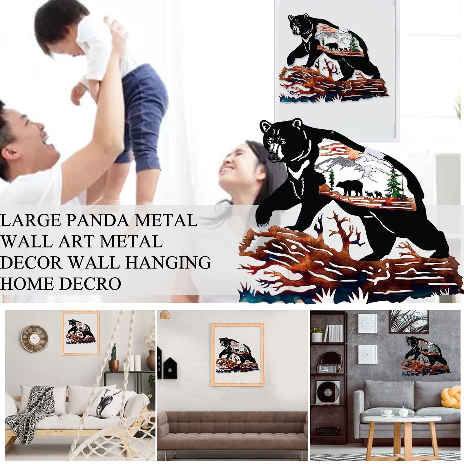 Large Metal Panda Wall Art Decor - Handcrafted Multicolor Home Decoration for Living Room, Bedroom & Office - Unique Hanging Metal Decor for Modern Interior Design