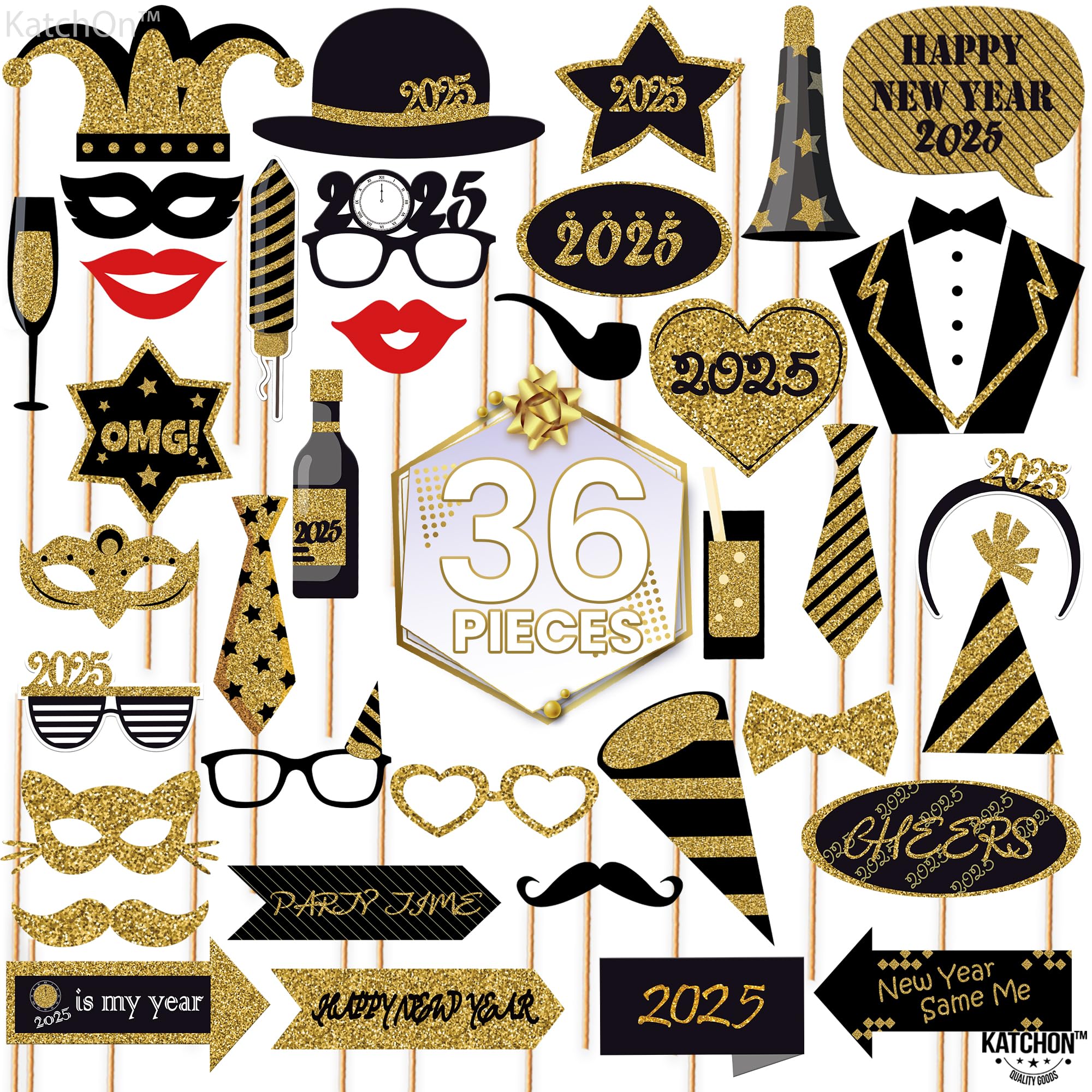 KatchOn 36-Pack Glitter NY Photo Booth Props for New Year's Eve 2025 | NYE Party Decorations, New Years Eve Party Supplies for Celebrations, Countdowns & Social Media Photos