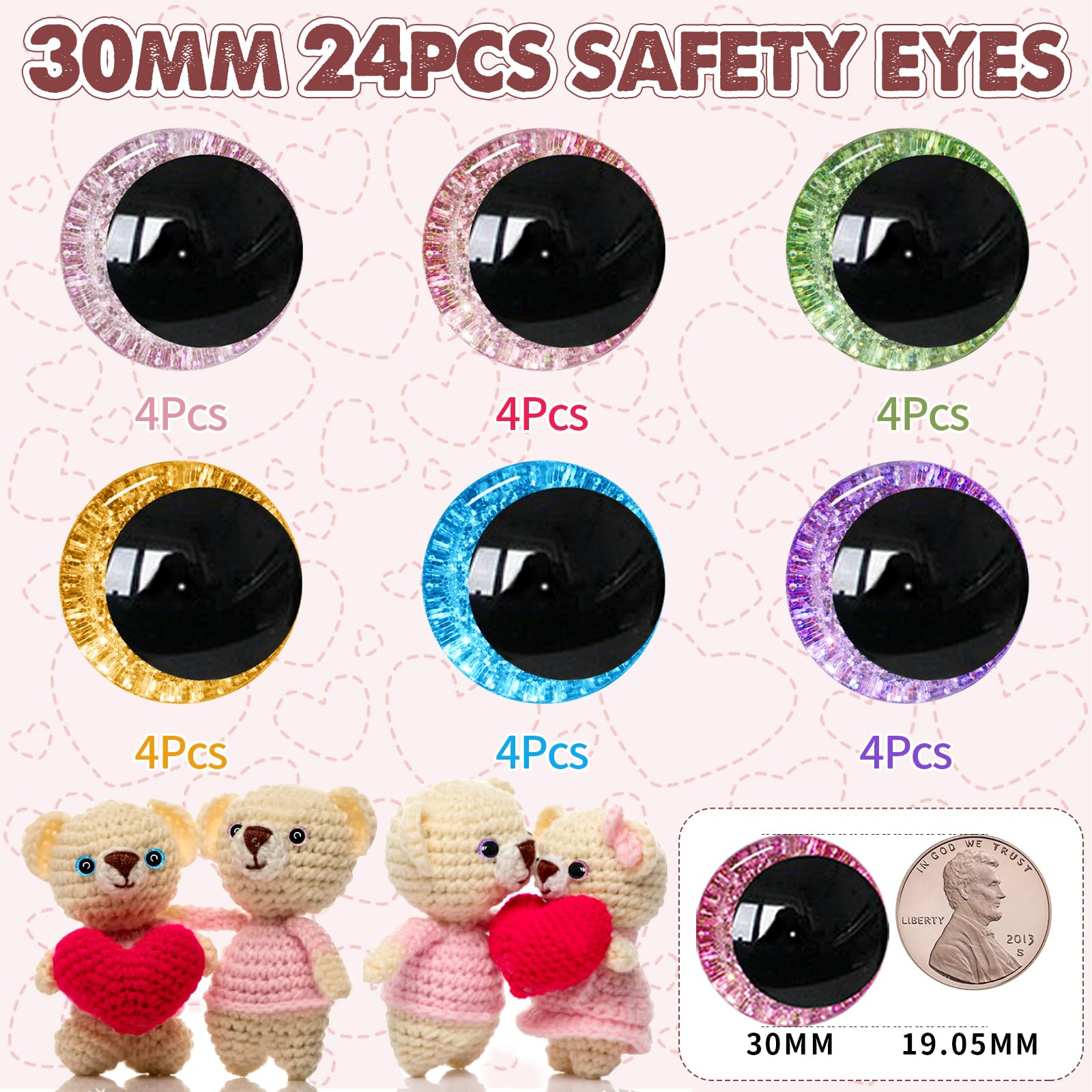 48pcs 30mm 3D Glitter Safety Eyes with Washers for Crochet Amigurumi, Dolls & Stuffed Animals - Perfect for DIY Crafts, Gifts & Crochet Lovers - Use for Handmade Toys, Plushies & Home Decor Projects