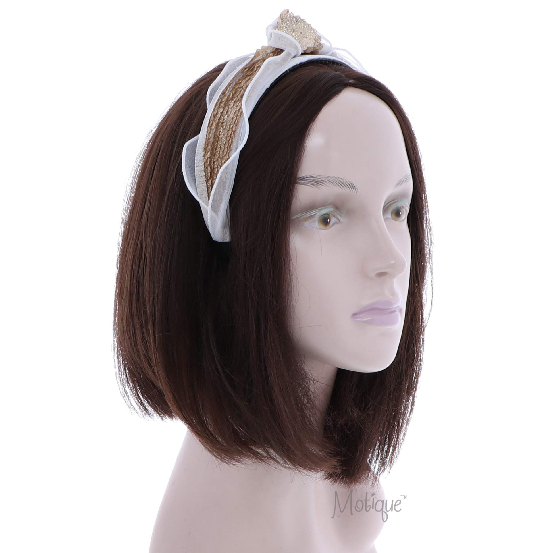 Beautiful Holiday Tulle Knot Headband With Sequins - White and Gold, Perfect for Weddings, Parties, and Special Occasions