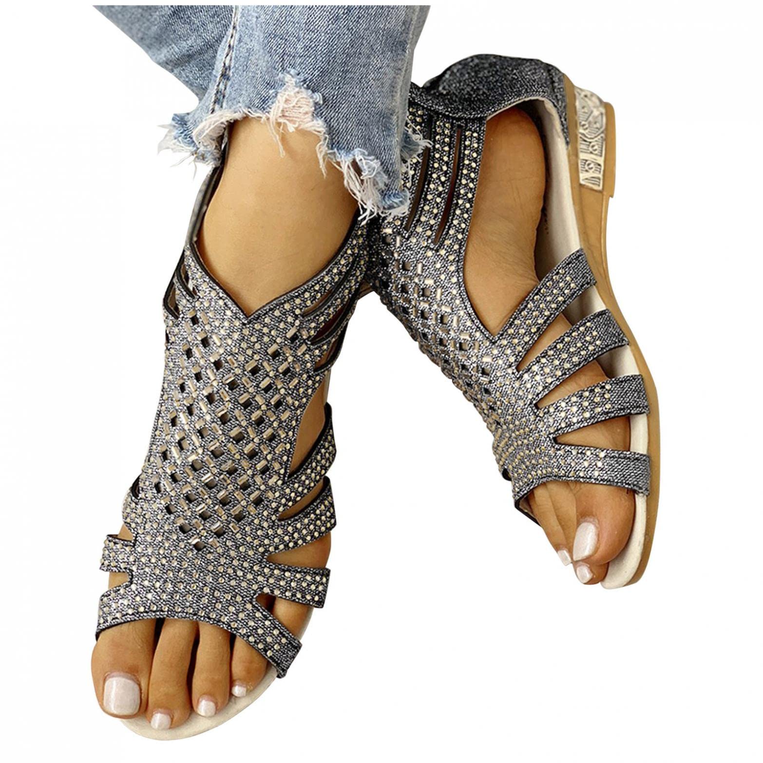 Women's Chunky Heel Leather Sandals - Fashion Studded Strap Glitter Gold High Heel Sandals for Summer, Parties & Date Night Outfits