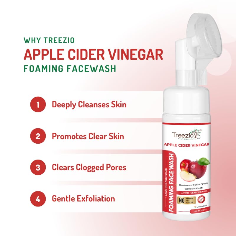 Treezio Apple Cider Vinegar Foaming Face Wash with Built-in Brush - Deep Cleansing & Pore Refining for Oily Skin | Silicone-Free, Paraben-Free | Clear Skin Solution for Men & Women (150ml) | Perfect for Daily Skincare Routine & Acne-Prone Skin