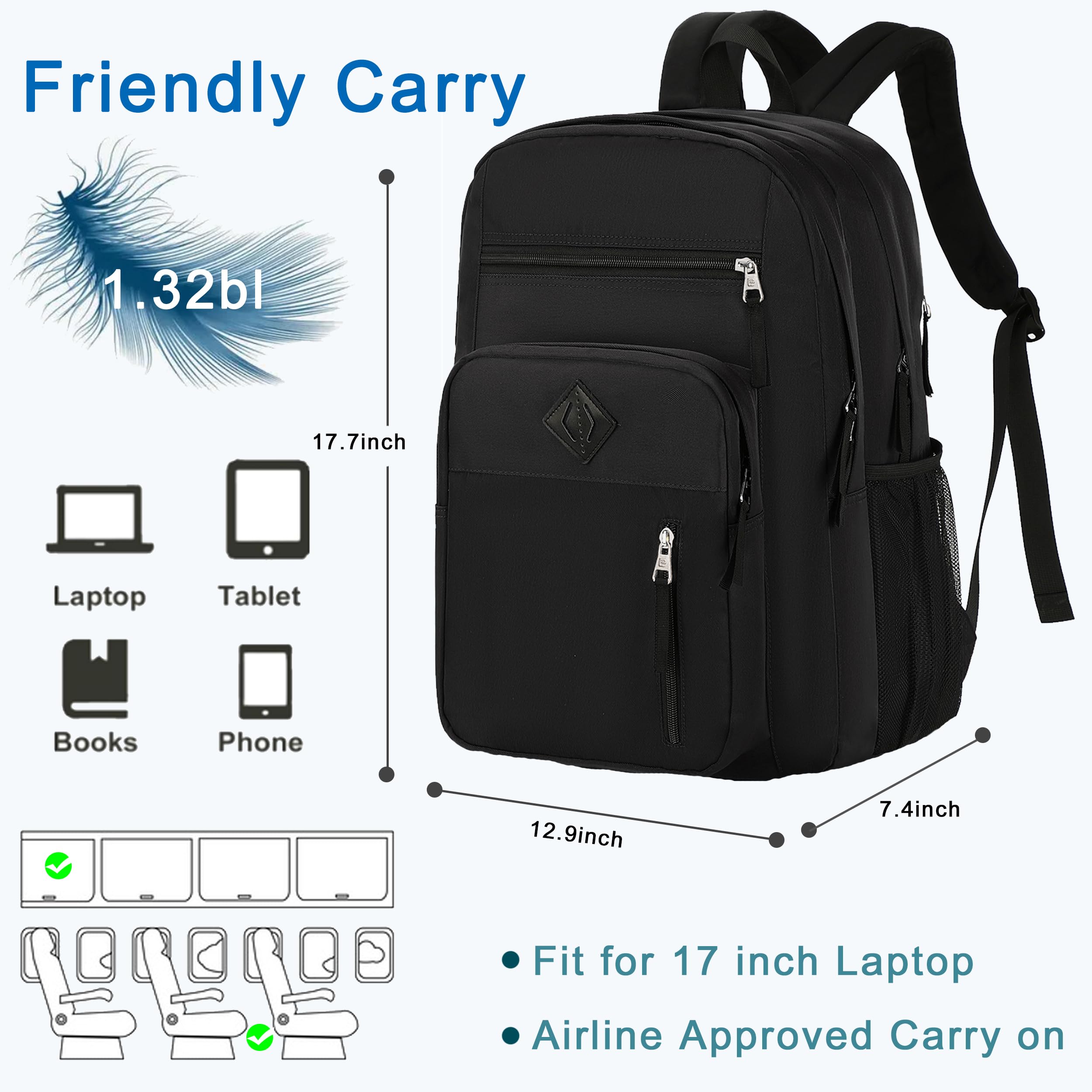 17 Inch Waterproof Laptop Backpack for Women & Men - Large College Bookbag for Work, Business Travel, School | Durable Backpack for Students, Teens, Kids (Girls & Boys) | Perfect for Office, Commuting, Sports & Daily Use - Black