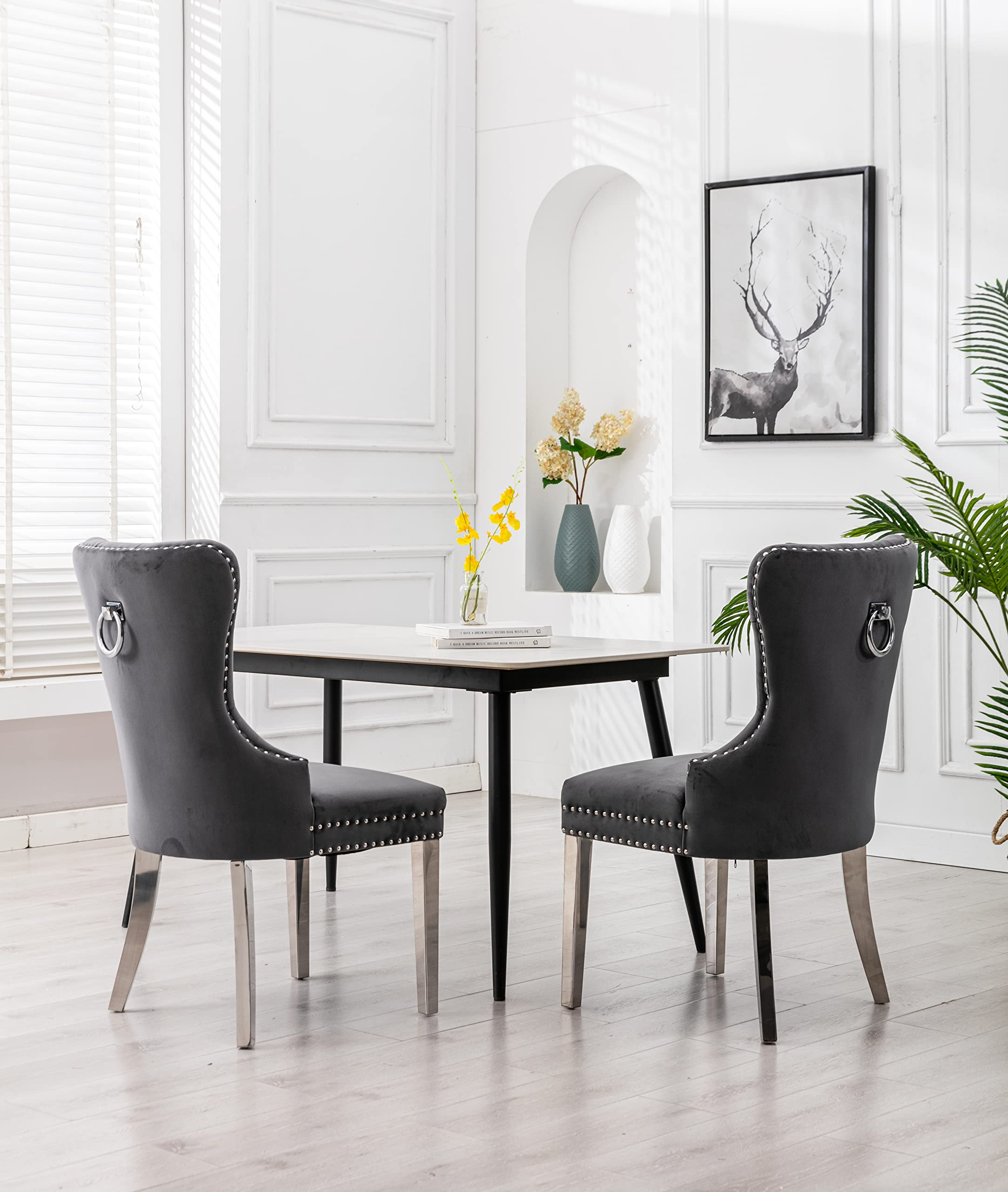 Tufted Velvet Wingback Dining Chairs Set of 2 - Modern Velvet Upholstered Armless Side Chairs with Chrome Legs for Living Room, Kitchen & Dining Room - Gray UC-10SS | Perfect for Small Spaces, Breakfast Nooks and Contemporary Home Decor