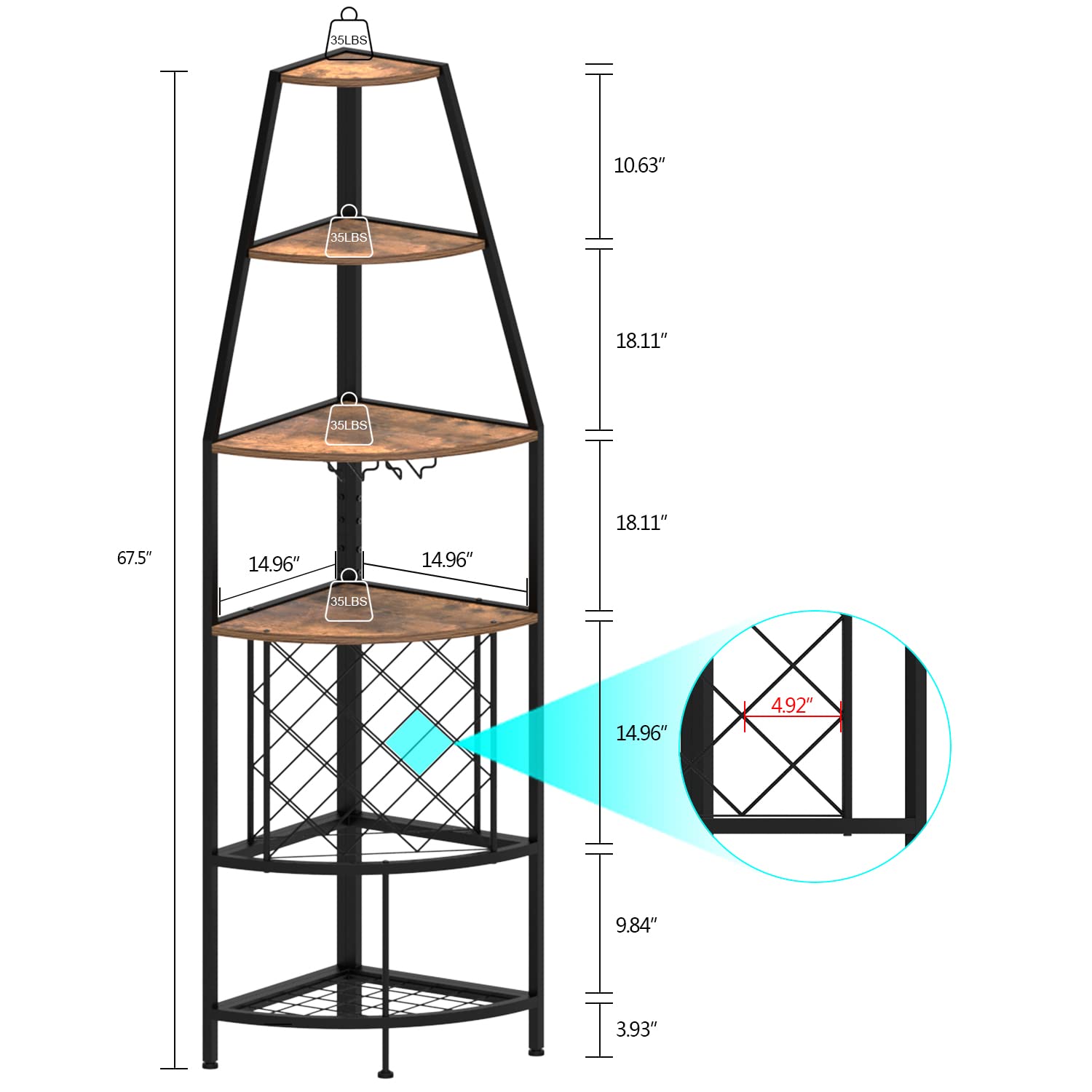 5-Tier Corner Wine Rack with LED Lights - Floor Standing Wine Storage with Glass Holder for 12 Bottles - Rustic Brown Home Bar Furniture for Kitchen, Living Room & Dining Room - Perfect for Wine Enthusiasts & Entertaining Guests