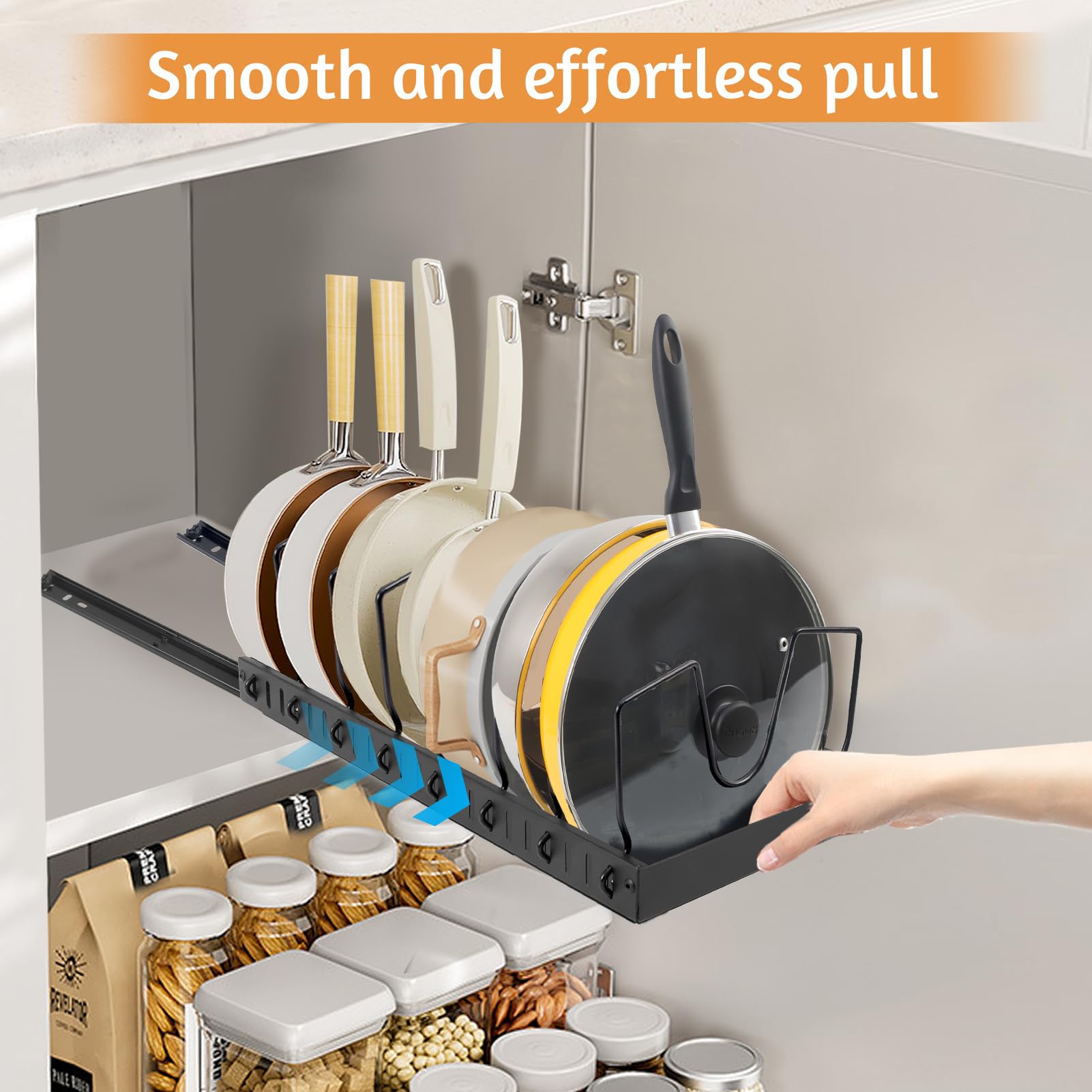 Pull Out Cabinet Organizer for Kitchen - Adjustable Pots and Pans Organizer with 8 Dividers, Under Cabinet Storage Shelf for Cookware & Lids, Space Saving Solution for Small Kitchens (Black, 1 Pack) - Perfect for Organizing Pots, Pans and Lids in Tight Spaces