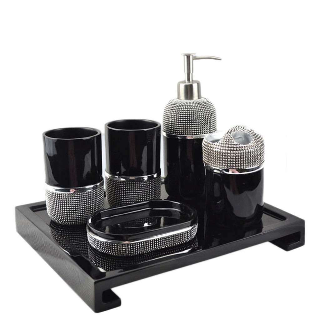 Modern Minimalist Resin Rhinestone Bathroom Accessories Set - 6-Piece Soap Dispenser, Toothbrush Holder & Wash Set for Countertop Decor | Elegant Home Organization (Color: B) | Perfect for Bathroom, Guest Room & Spa Styling