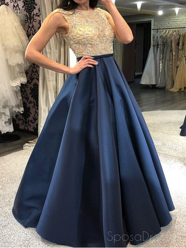 Elegant Navy Blue Beaded Bateau Neckline A-Line Long Evening Prom Dress for Women - Perfect for Formal Dances, Galas & Special Occasions