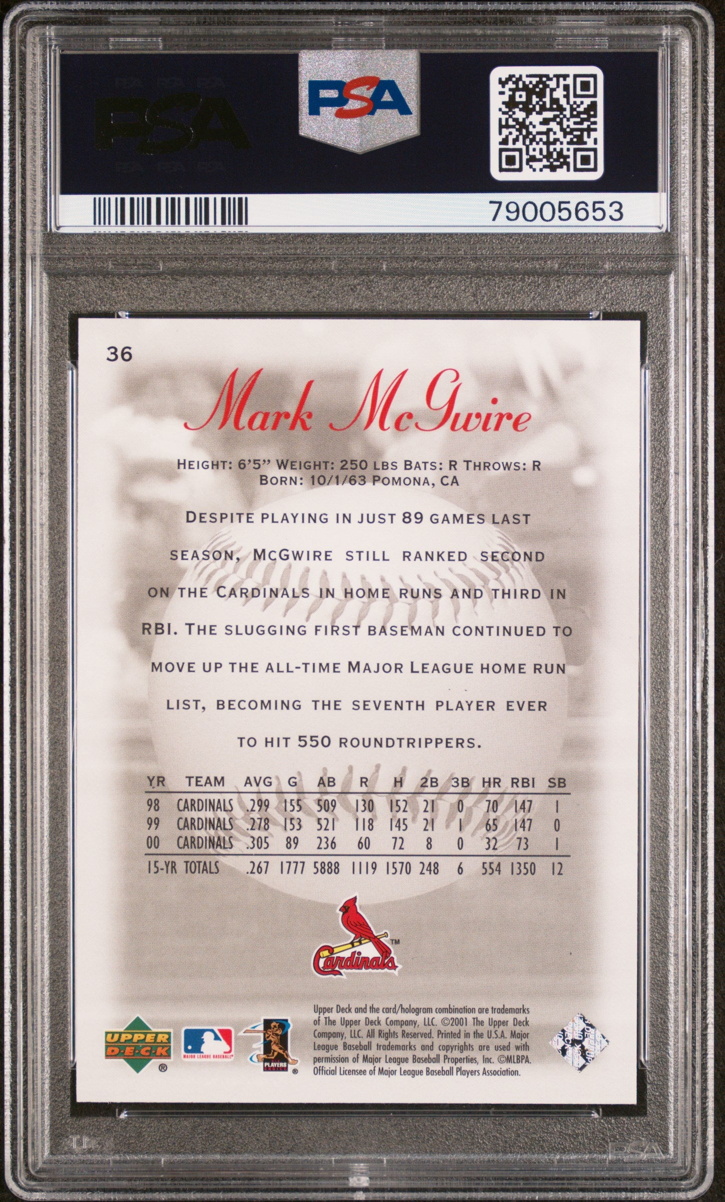2001 Upper Deck Sweet Spot Mark McGwire #36 PSA 10 Gem Mint Baseball Card - Perfect for Collectors & Sports Memorabilia Displays