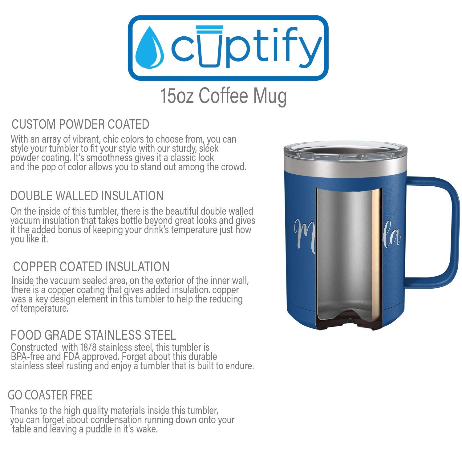 Custom Engraved 15oz Blue Matte Stainless Steel Vacuum Insulated Coffee Mug - Personalized Gift with Handle for Office, Travel & Home Use