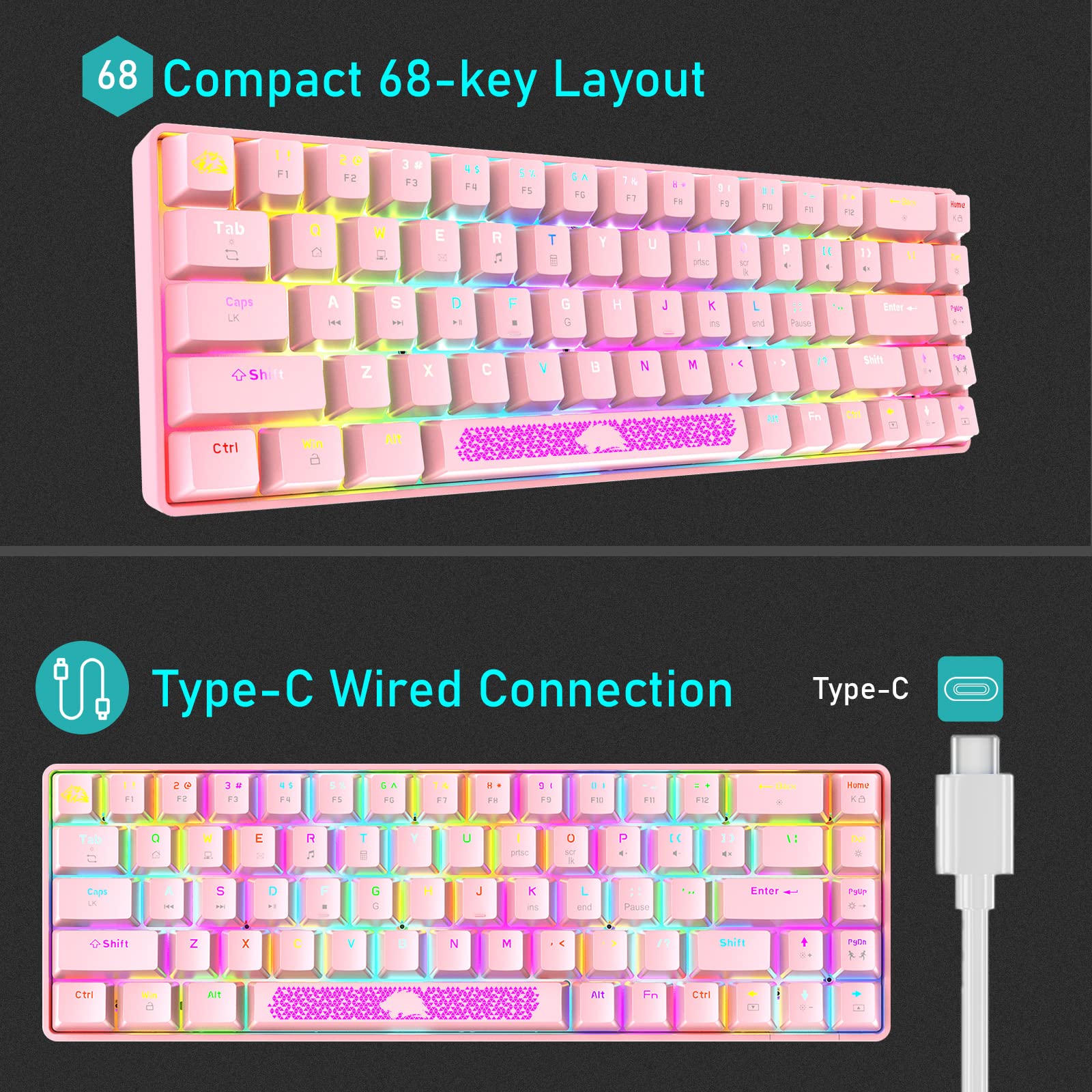 SELORSS T8 Pro 60% Wired Mechanical Gaming Keyboard - 18 Chroma RGB Backlit, Compact 68-Key Anti-Ghosting, Hot-Swappable USB-C Cable & DIY Keycaps, Tactile Switches for Gamers, Typists (PC/Win/Mac Compatible) - Perfect for Esports, Office Work & Programming (Pink)