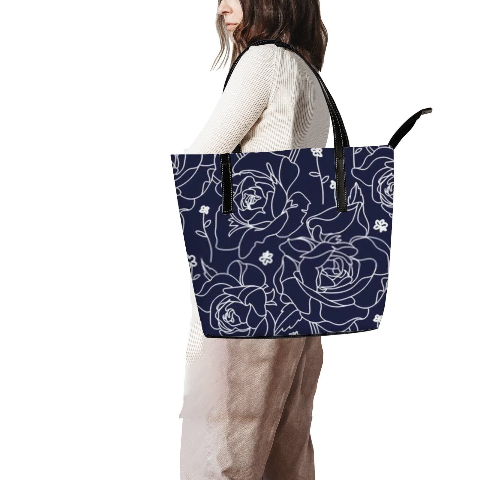 Stylish Navy Blue Floral Leather Tote Bag for Women - Crossbody Work Purse with Zipper | Perfect for Office, Travel & Everyday Use