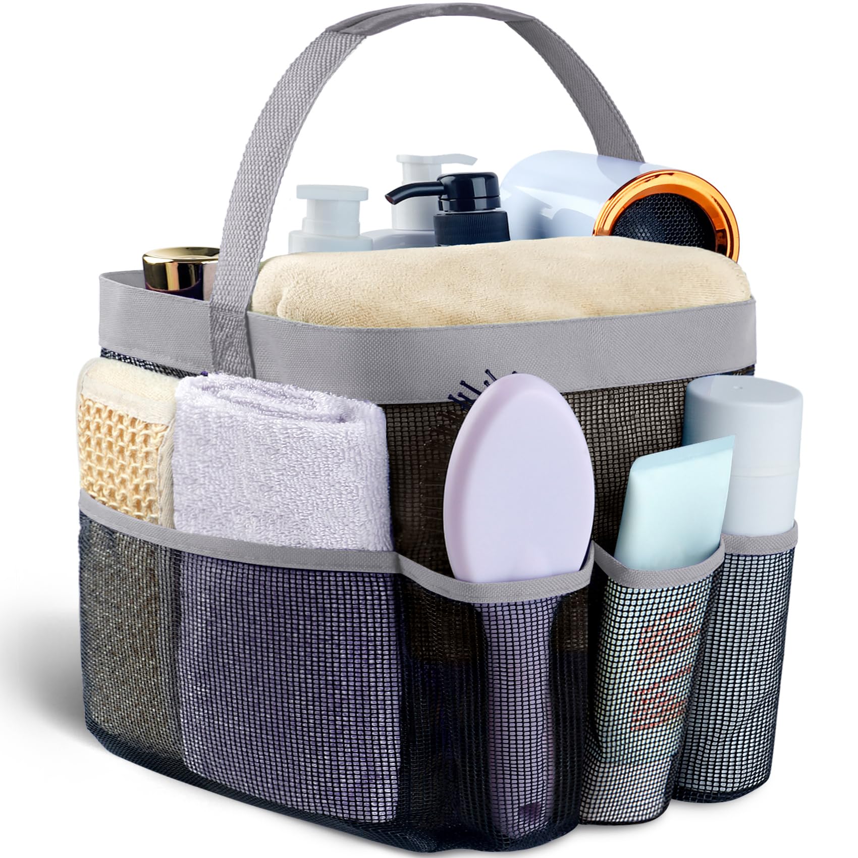 Attmu Mesh Shower Caddy with 8 Pockets - Portable Hanging Shower Organizer for College Dorm Bathroom Essentials - Quick Dry Shower Bag for Toiletries, Travel & Camping Use