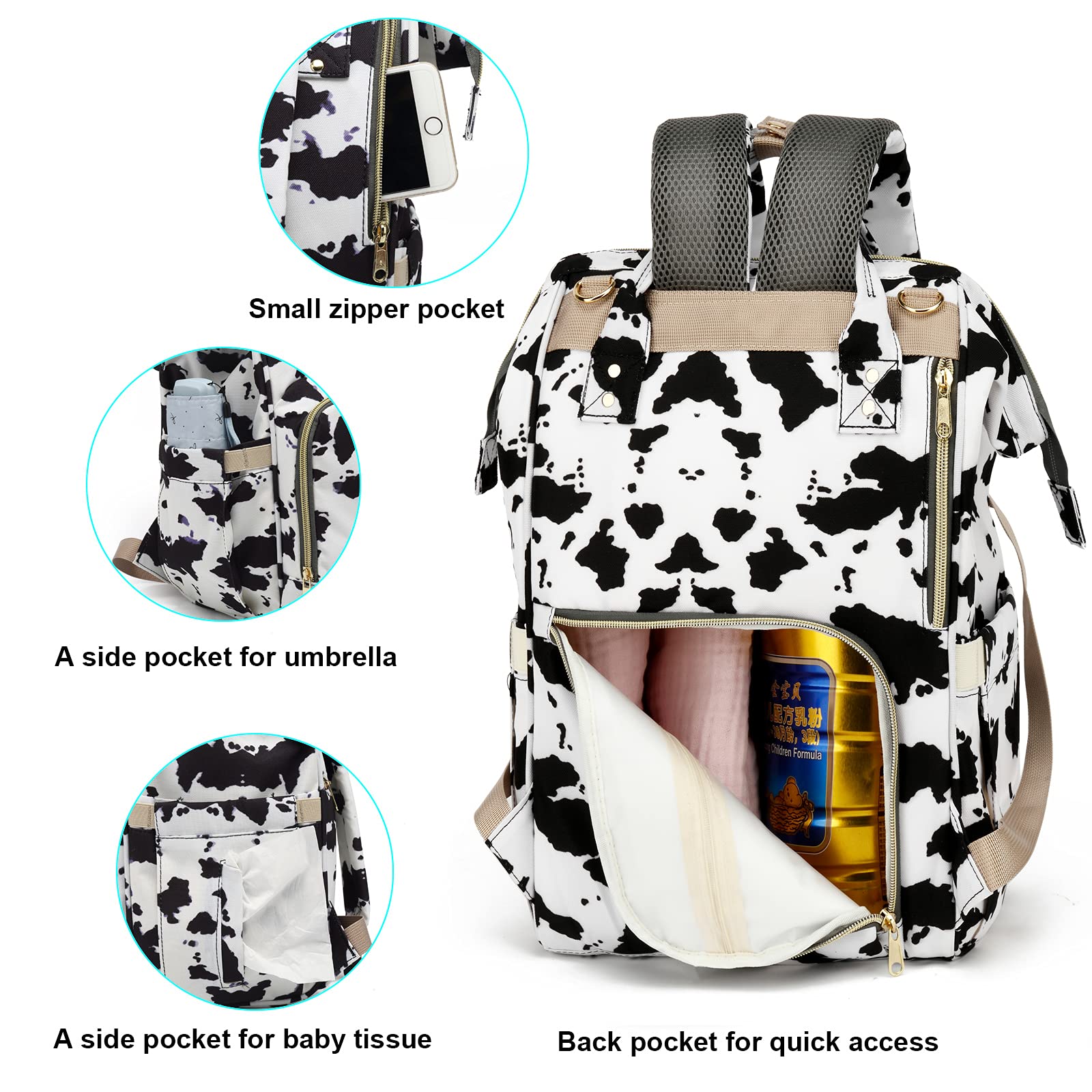 Waterproof Cow Print Diaper Backpack for Baby Girls & Moms - Large Capacity Nappy Bag for Travel, Hospital Visits & Daily Baby Essentials