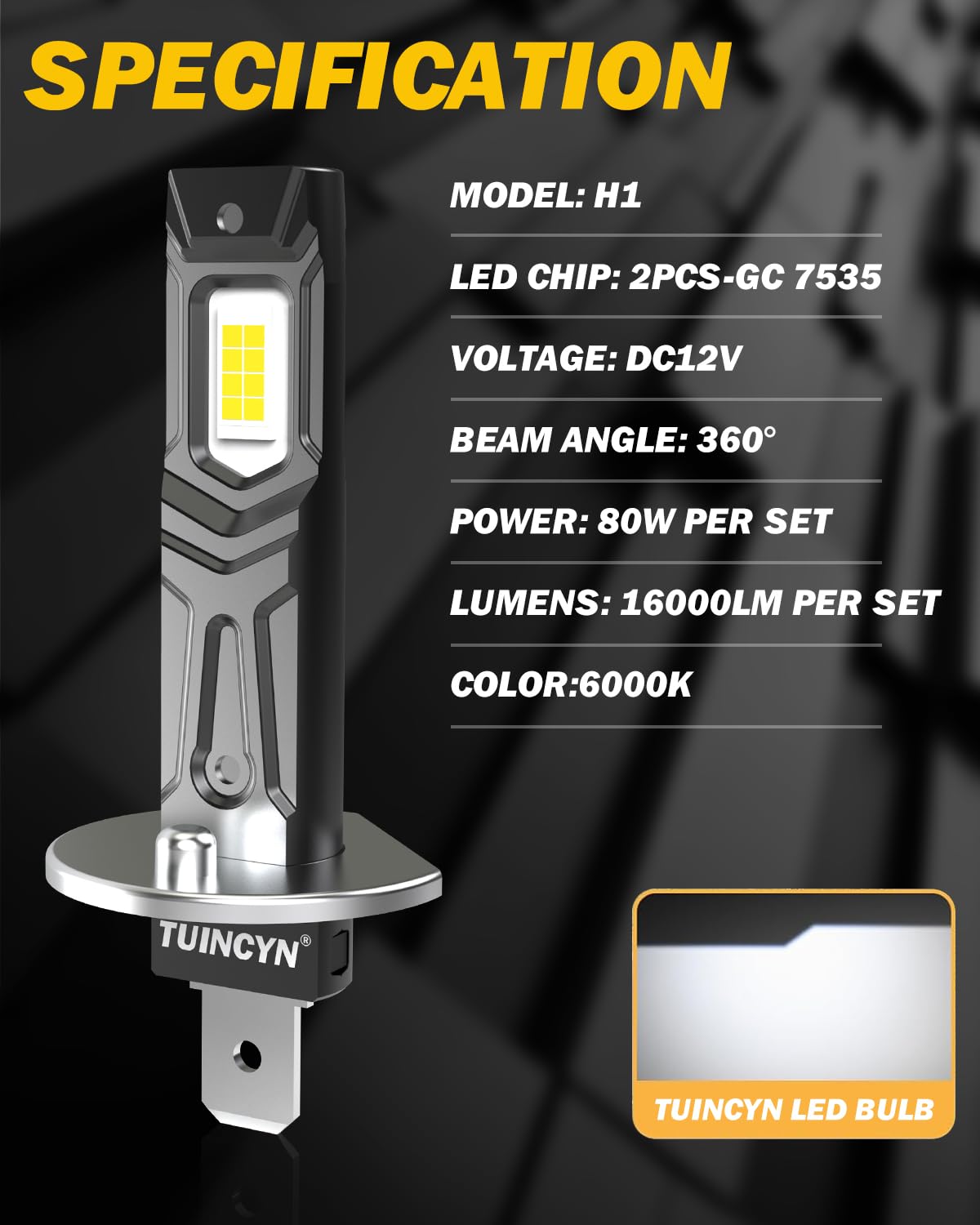 2024 Upgraded TUINCYN H1 LED Bulb - Super Bright 16000LM 12V 6000K White Mini Fanless H1LL Fog Light - Plug & Play No Adapter Needed Non-Polarity (2-Pack) - Perfect for Car Headlights, Fog Lights & Off-Road Vehicles