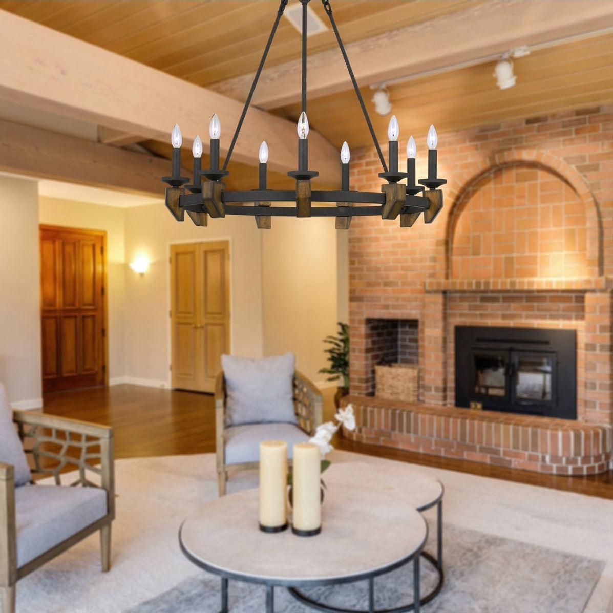 Cal Lighting 60W X 9 Cruz Metal and Wood Chandelier - Modern Farmhouse Ceiling Light Fixture for Dining Room, Living Room, Bedroom & Kitchen Decor