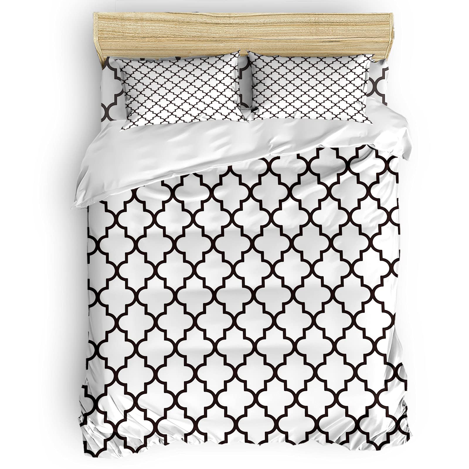 Funy Decor Moroccan Trellis Duvet Cover Set - Twin Size Geometric Lattice Bedding (4 Pieces) - Black & White Comforter Cover, Fitted Sheet, Pillowcases - Perfect for Modern Bedroom & Guest Room Decor