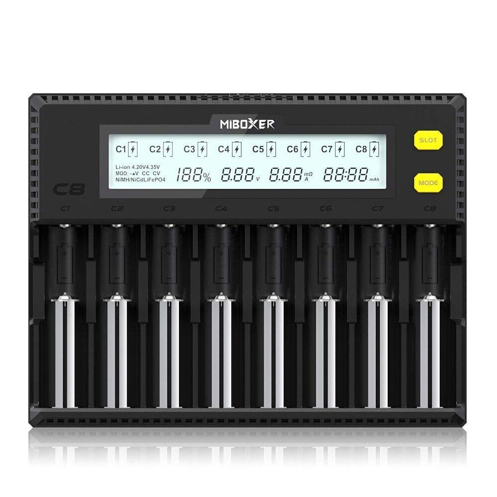 MiBOXER 8-Bay Smart Battery Charger for 18650, 21700, 26650, AA, AAA, C - Fast Charging LCD Display for Li-ion, LiFePO4, Ni-MH, Ni-Cd Batteries - Perfect for Vaping, Flashlights, and Electronic Devices