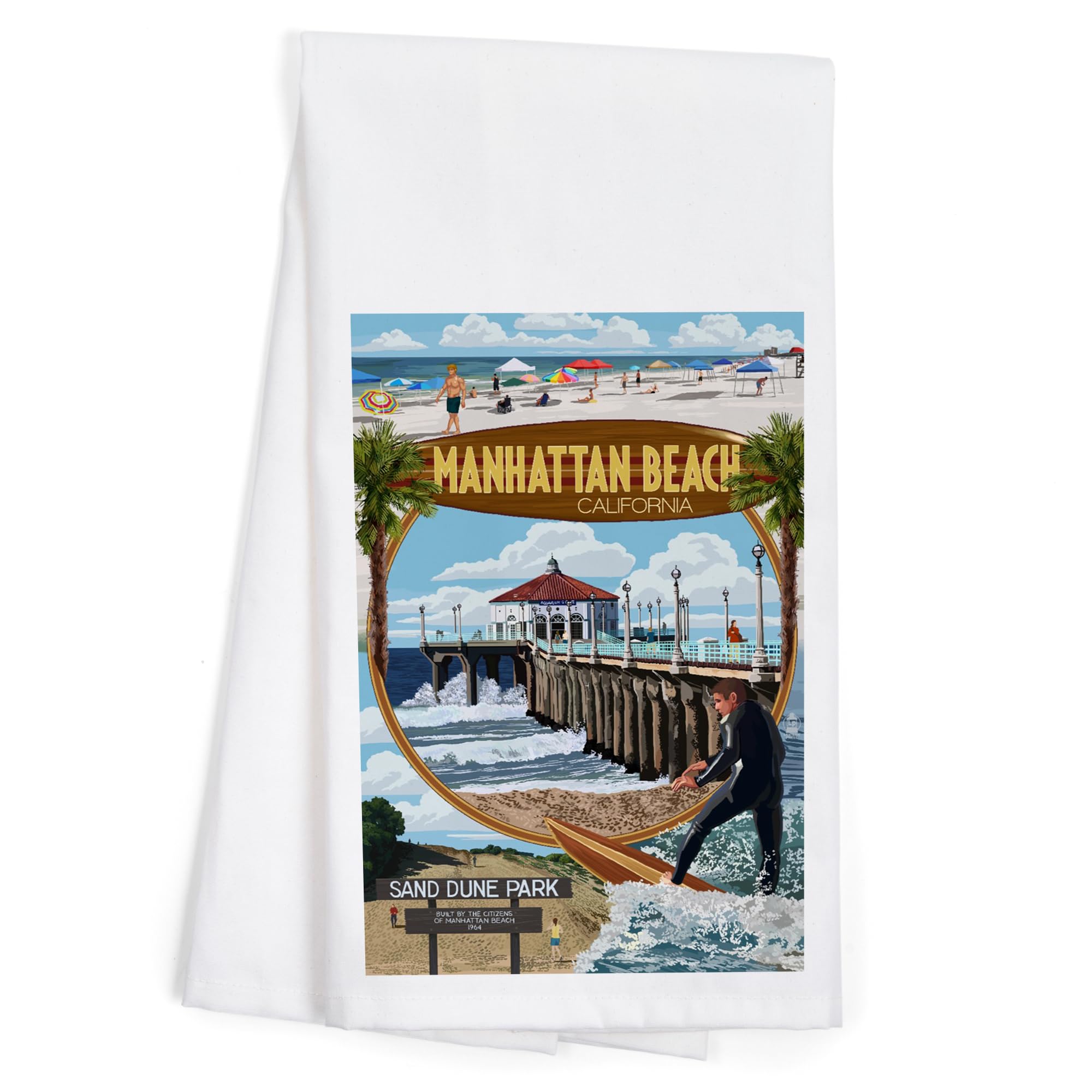 Lantern Press Manhattan Beach California Montage Scenes - 100% Cotton Tea Towel & Decorative Hand Towel for Kitchen, Home Decor | Perfect for Dish Drying, Gift Giving & Coastal Themed Decor