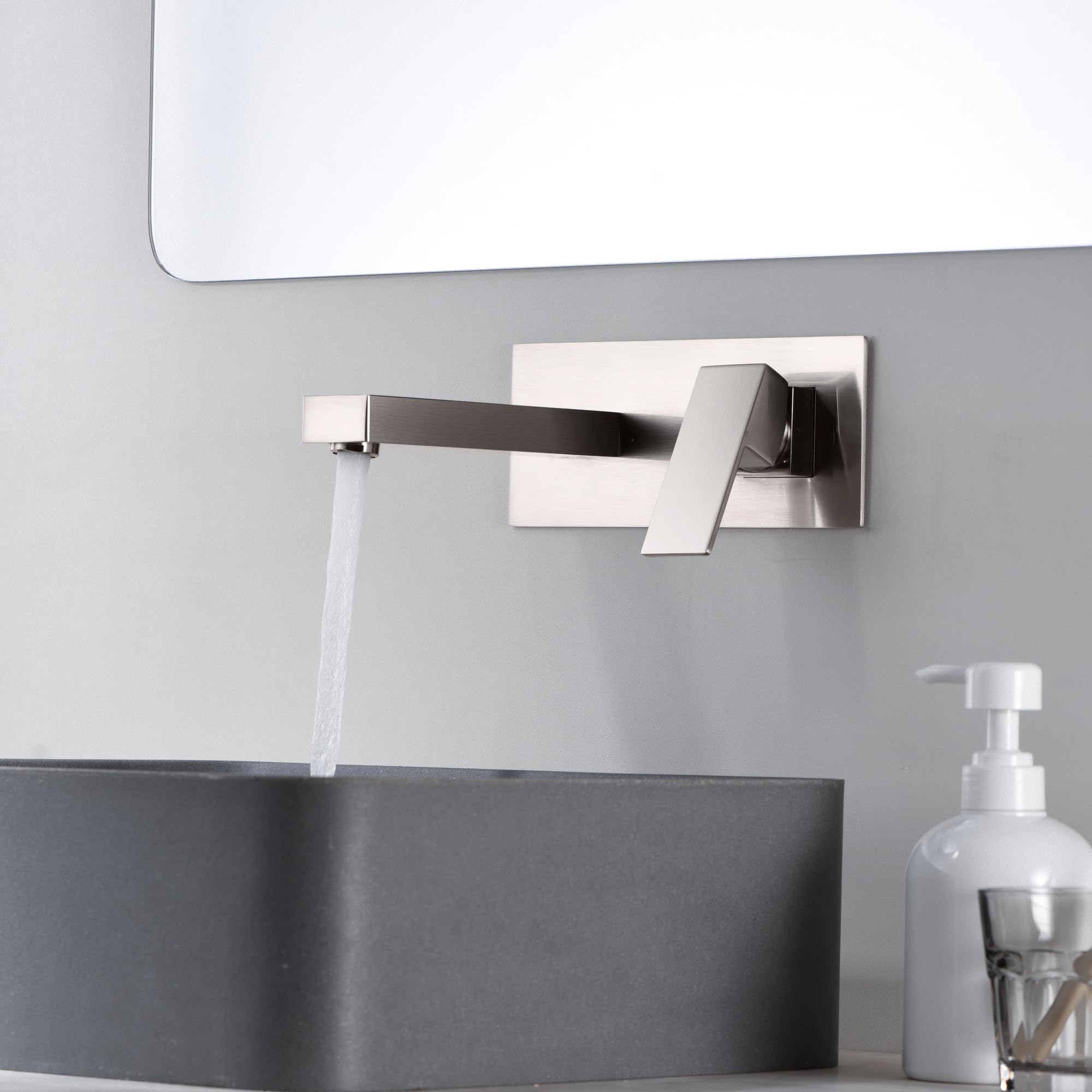Sumerain Brushed Nickel Wall Mount Bathroom Sink Faucet - Single Handle Basin Faucet with Rough-in Valve - Perfect for Modern Bathrooms, Powder Rooms & Small Spaces