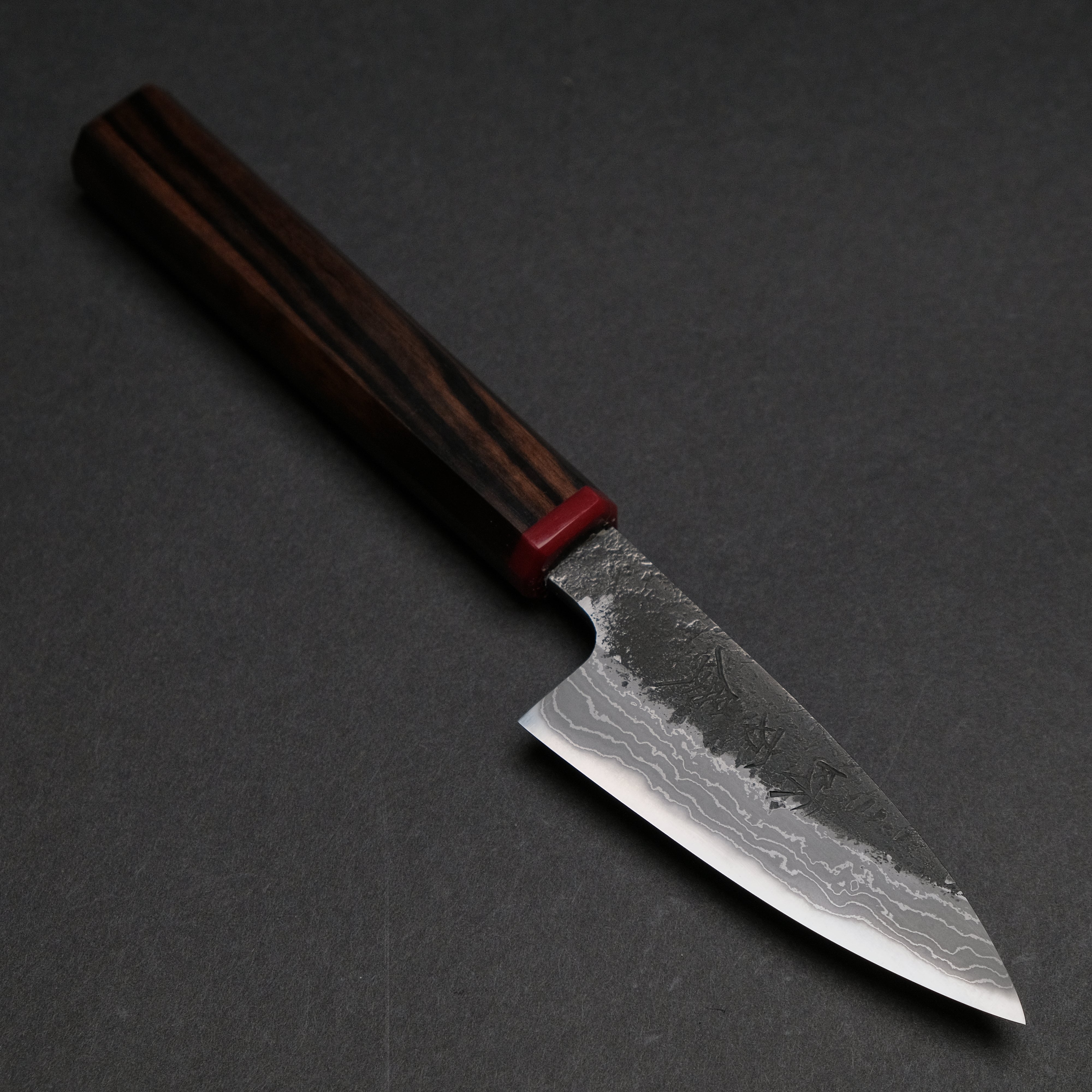 Premium Ajikataya White #2 Nashiji Damascus Petty Knife 85mm - Ebony Handle with TQP Finish (#68) - Perfect for Slicing Fruits, Vegetables & Precision Kitchen Tasks