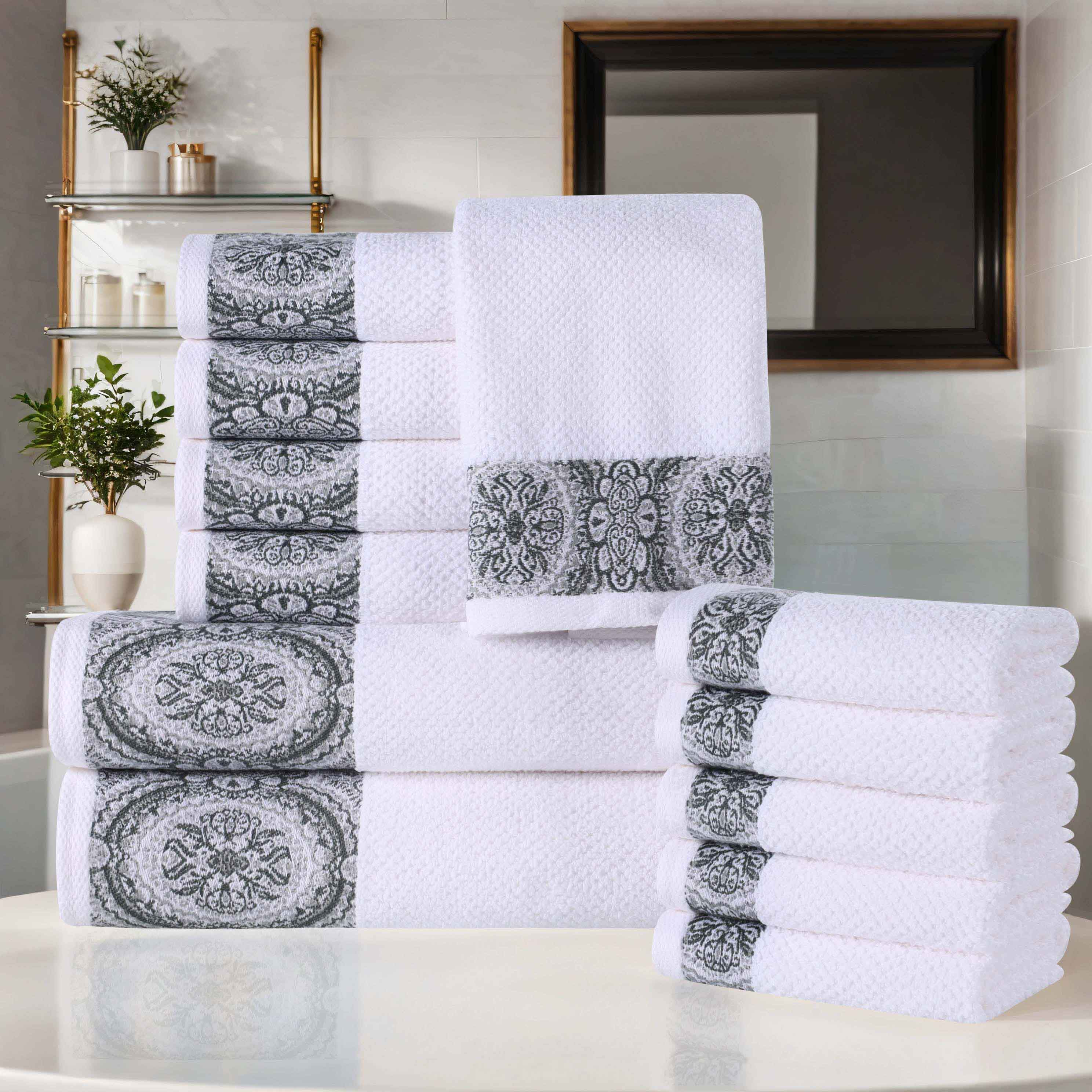 Premium 12-Piece Medallion Cotton Jacquard Towel Set - Soft, Absorbent & Luxurious Bath, Beach & Spa Towels for Home & Hotel Use