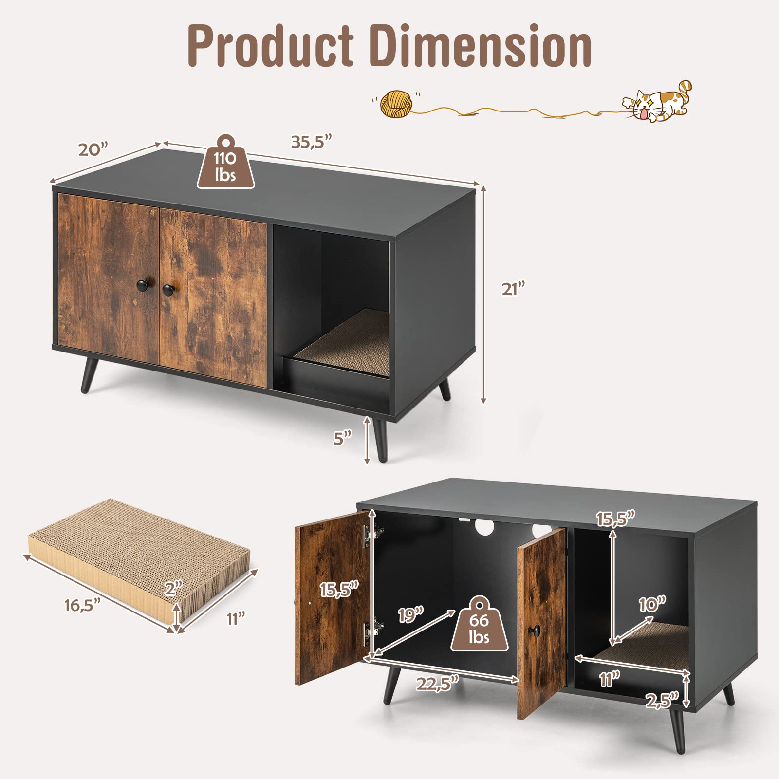Tangkula Enclosed Cat Litter Box Furniture with Divider, Scratching Pad & Metal Legs - Hidden Litter Box Cabinet with Double Doors for Large Cats (Rustic Brown) | Perfect for Living Rooms, Bedrooms & Small Spaces