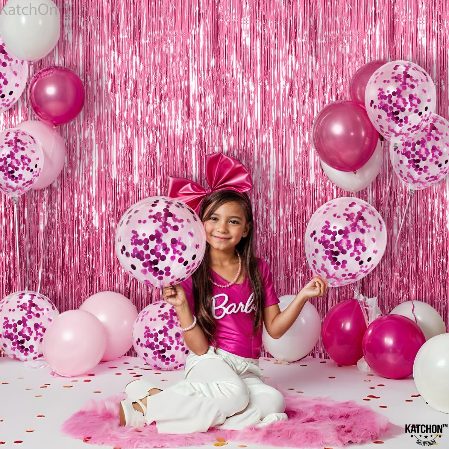 KatchOn 3.2x6.5 Feet Pink Fringe Backdrop - Pack of 2 | Shiny Party Decor for Galentine's Day, Valentine's Day & Birthday Celebrations | Perfect for Photo Booths, Baby Showers & Wedding Receptions