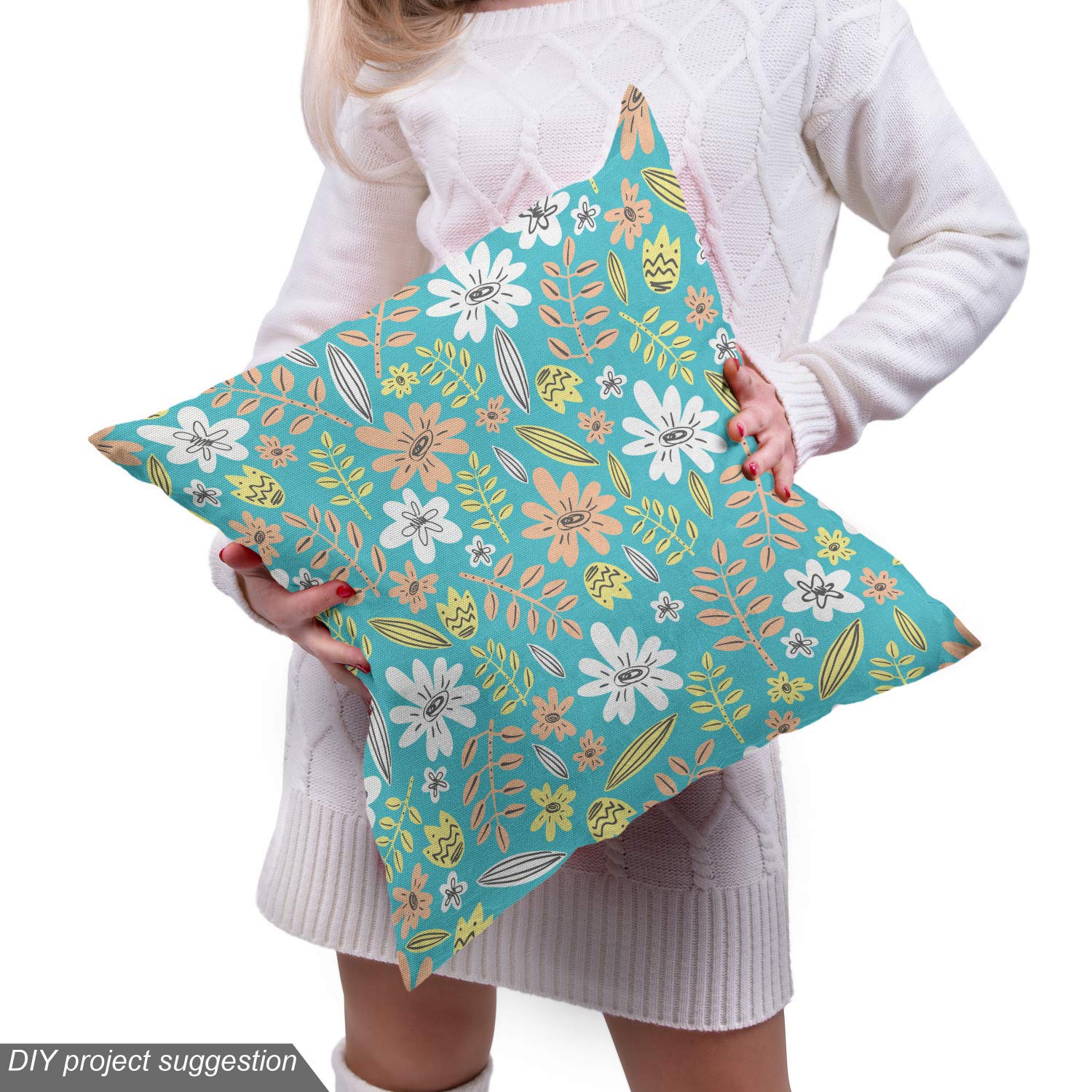 Ambesonne Floral Fabric by The Yard - Hand-Drawn Botanical Design for Upholstery, Curtains & Home Decor | 10 Yards Turquoise Peach Fabric | Perfect for DIY Projects, Sofa Covers & Decorative Pillows