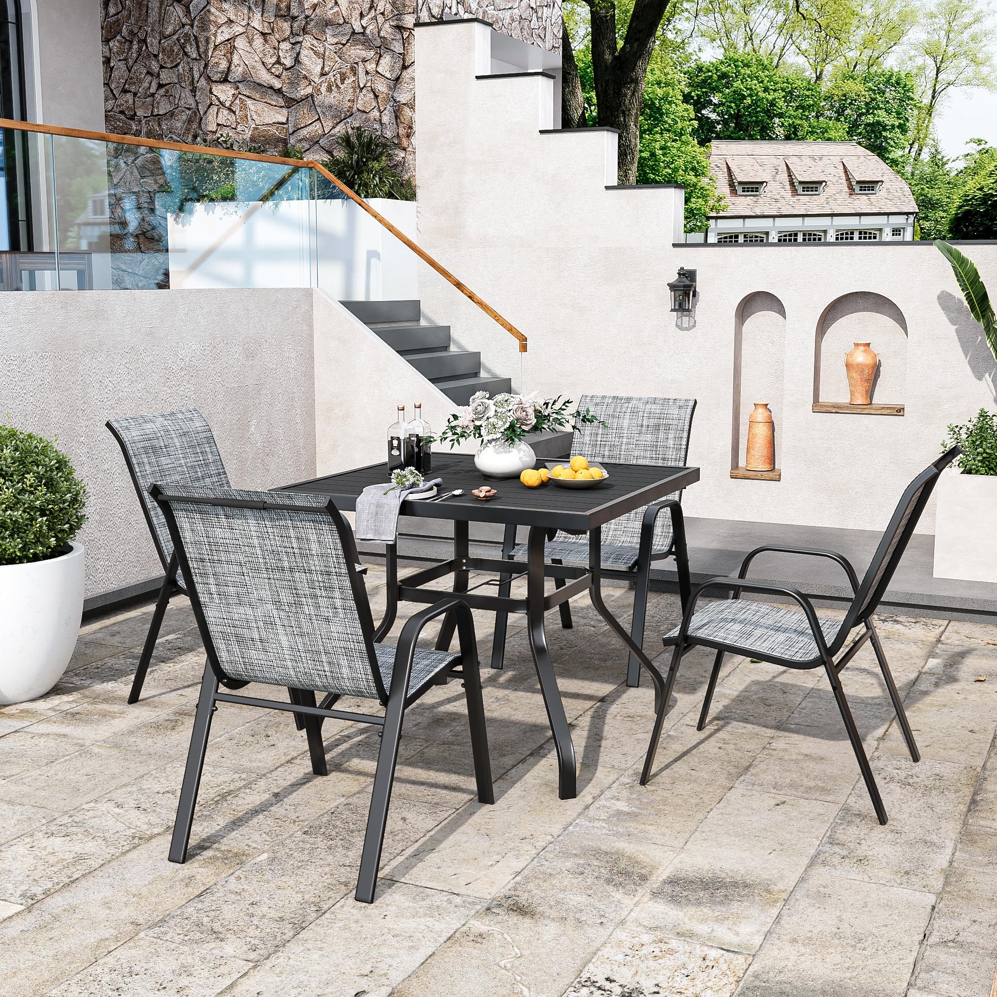4-Piece Stackable Patio Chairs Set - All-Weather Textilene Fabric & Sturdy Metal Frame Outdoor Dining Chairs for Backyard, Deck, Garden - Perfect for BBQs, Poolside Lounging & Outdoor Entertaining