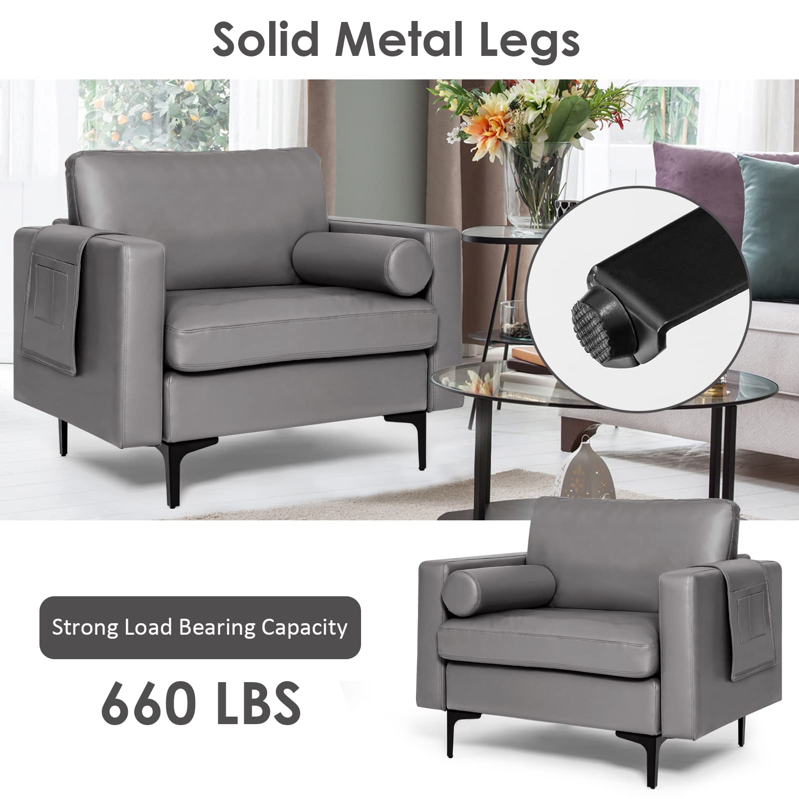 Giantex Set of 2 Single Sofa Chairs with Cushion & Bolster, Upholstered Armchairs with Magazine Pockets - Dark Grey Living Room Furniture for Bedroom, Reception & Leisure Spaces