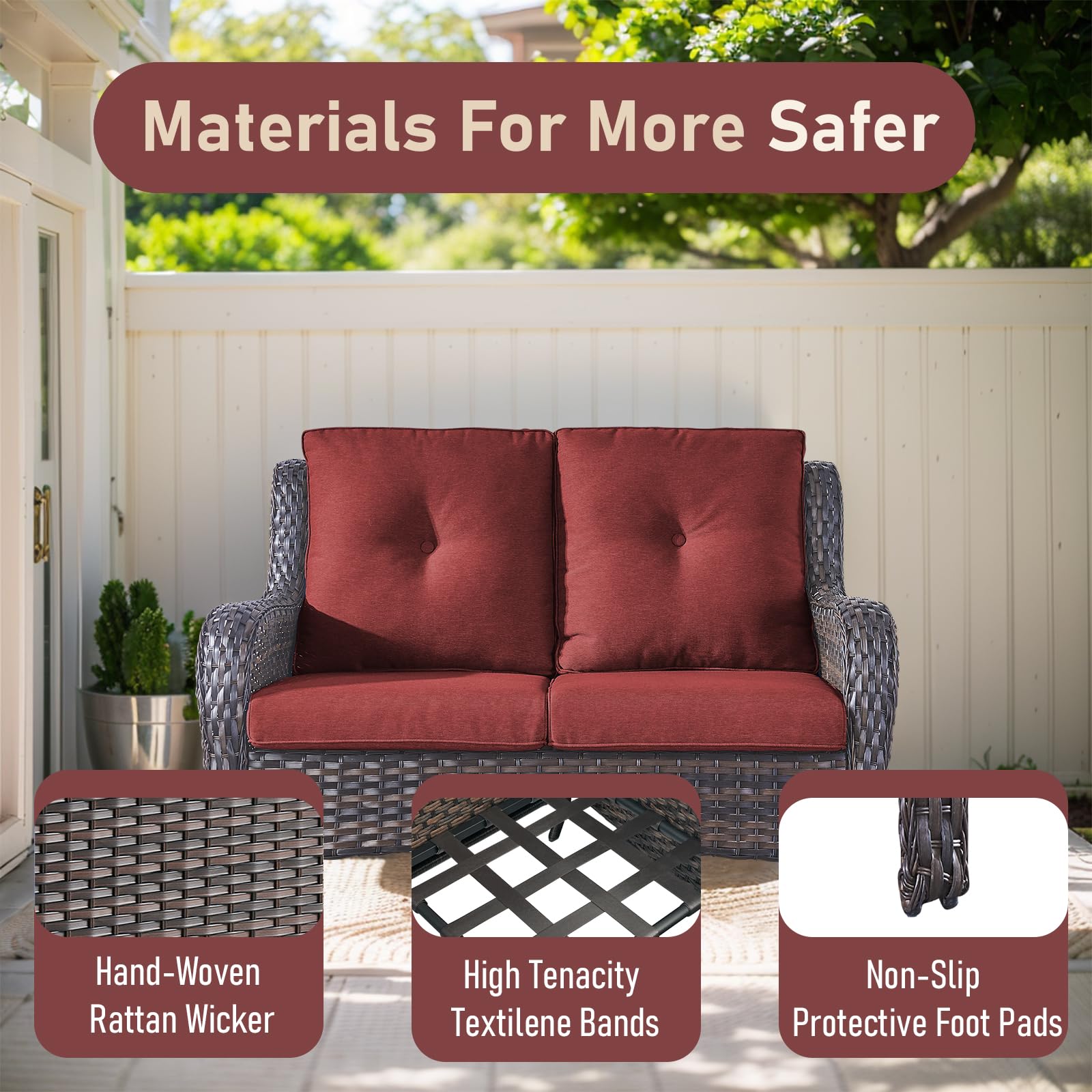Outdoor Loveseat Sofa - 2 Seater Rattan Wicker Patio Couch with High Back, Weather-Resistant Brown/Red, Perfect for Porch, Deck, Backyard & Garden Relaxation