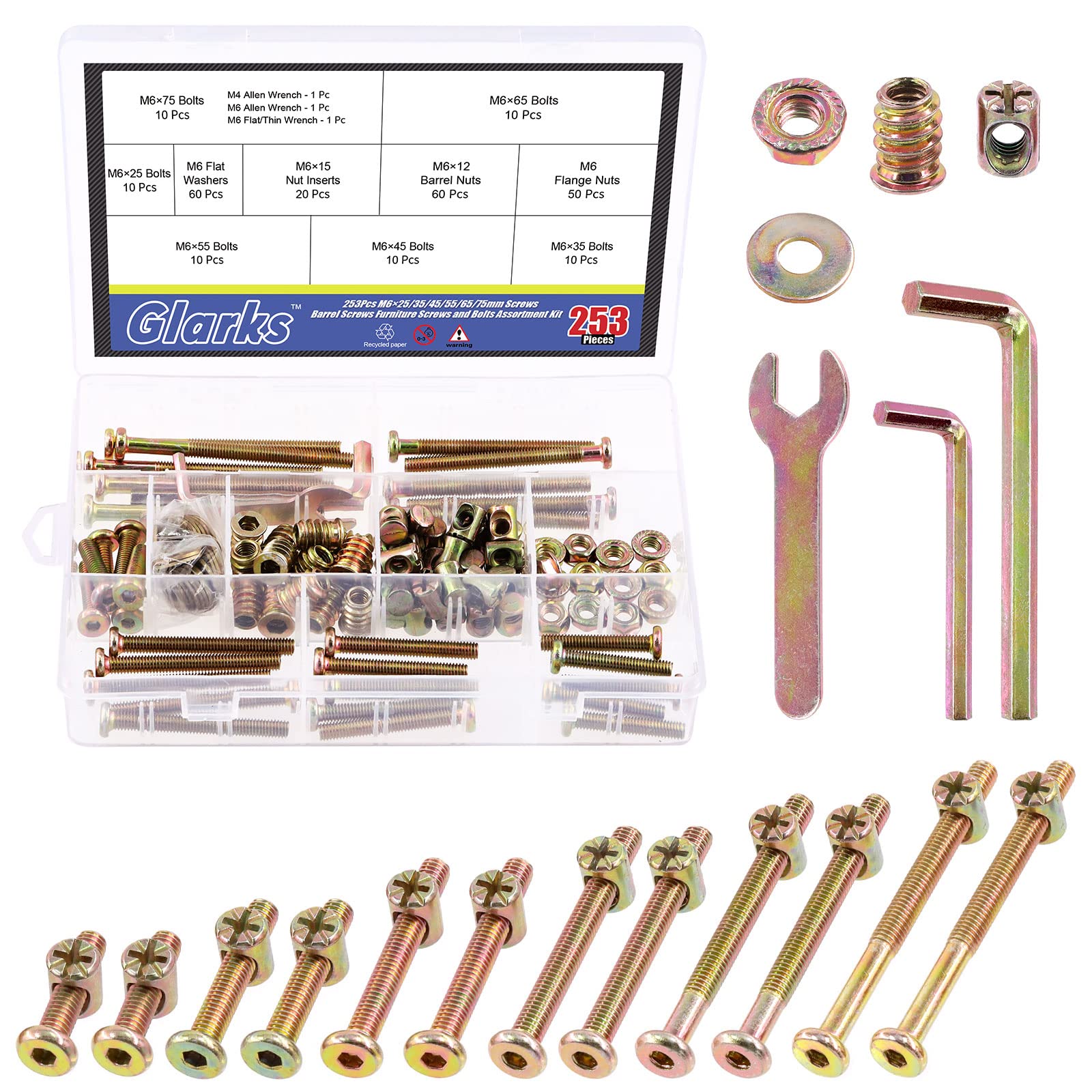 Glarks M6 Baby Crib Screws Kit - 253Pcs with Nuts & Washers for Furniture Assembly