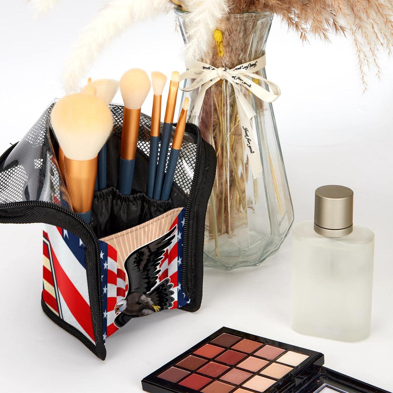 Premium Makeup Brush Organizer Bag with 12 Slots - Patriotic Eagle & US Flag Design - Portable Travel Cosmetic Brush Holder Case - Perfect for Home Storage & On-the-Go Makeup Artists