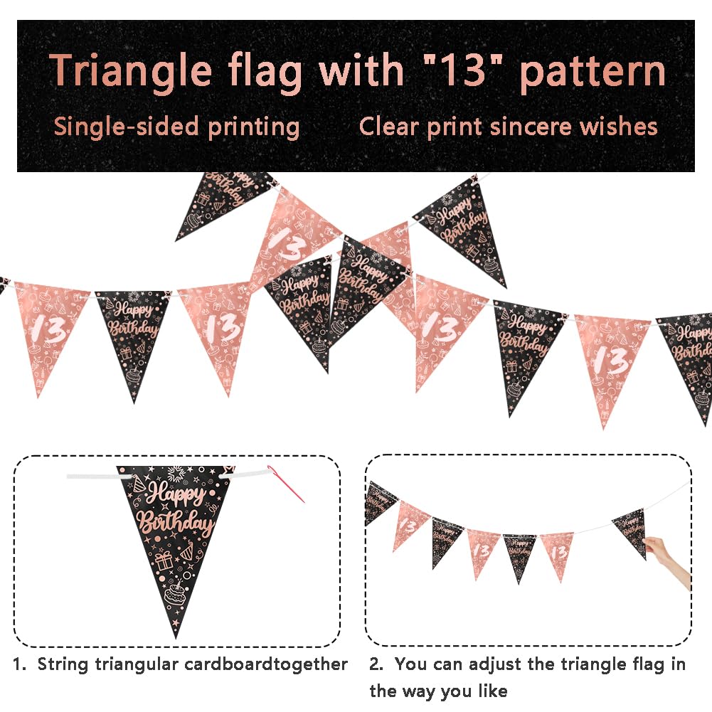 Black Rose Gold 13th Birthday Party Decorations Kit - 16-Piece Happy Birthday Banner & Bunting Set for Teen Girls | Perfect for Sweet 16, Quinceañera & Milestone Celebrations