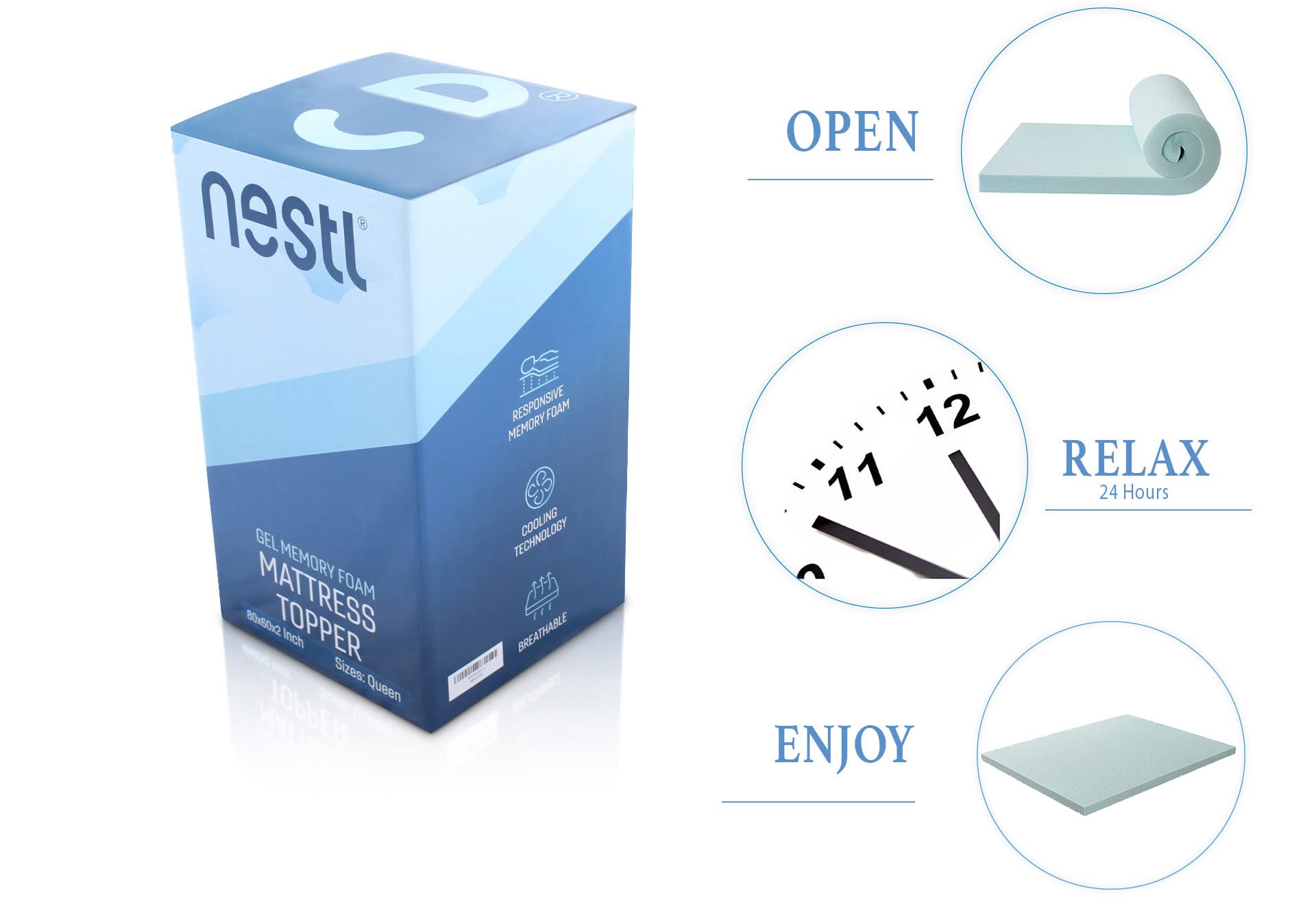 Nestl 2 Inch Gel-Infused Memory Foam Mattress Topper - Queen Size Cooling Mattress Pad with Ventilated Design | Blue | Pressure Relief for Back Pain, Hot Sleepers & Side Sleepers