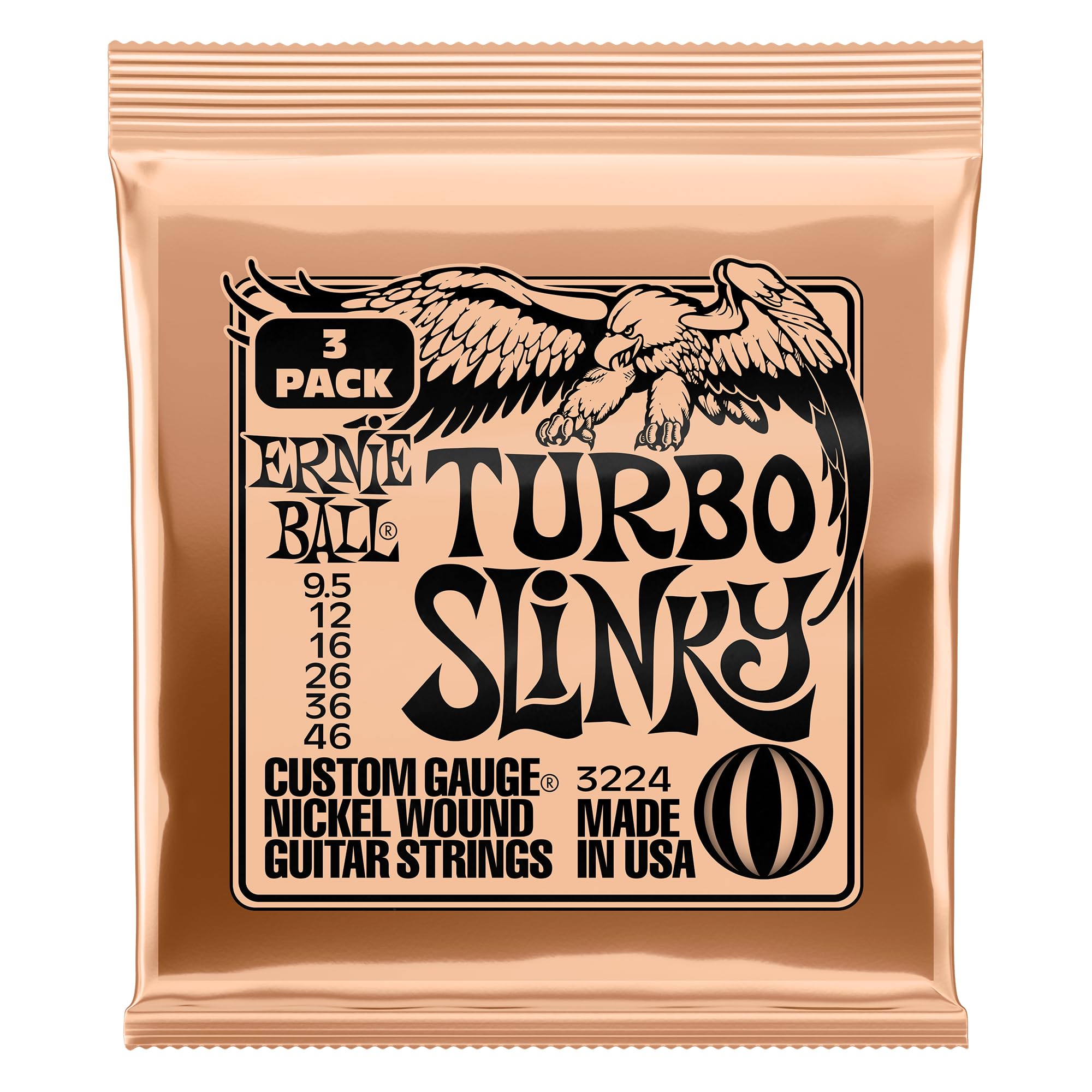Ernie Ball Turbo Slinky Nickel Wound Electric Guitar Strings 3-Pack - 9.5-46 Gauge (P03224) - Perfect for Rock, Blues & Metal Performances & Studio Recording
