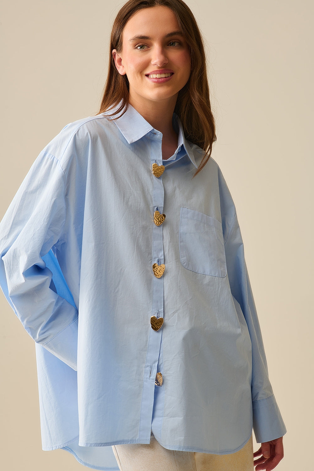 Blue Poplin Casual Shirt with Gold Heart Buttons - Perfect for Everyday Wear, Date Nights & Office Outfits