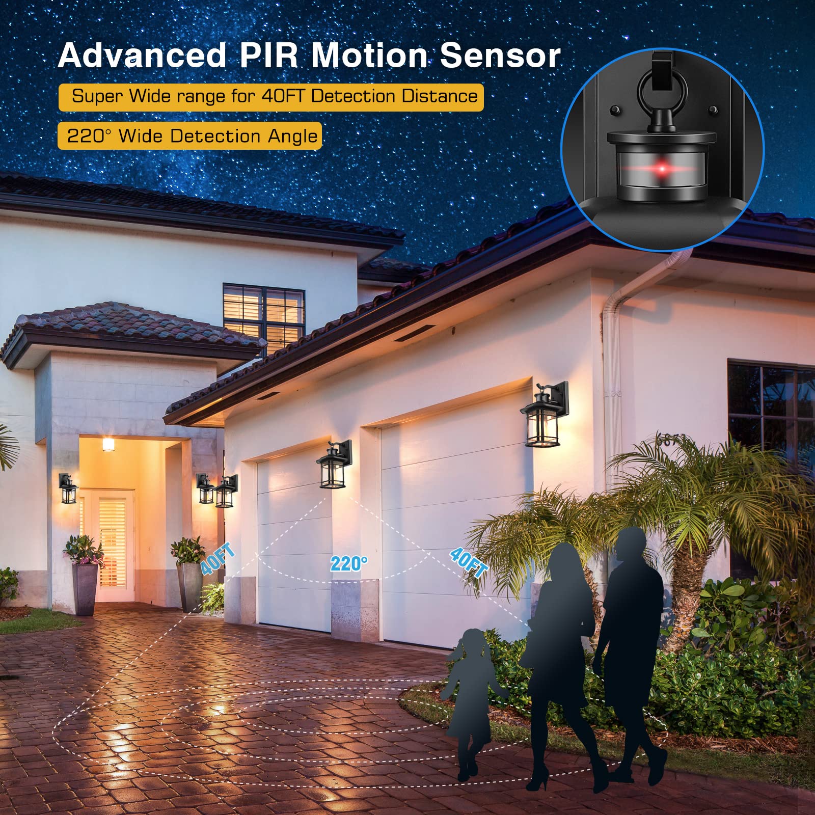 **Motion Sensor Outdoor Light Fixture - Dusk to Dawn Modern Exterior Porch Wall Light, Rust-Proof 100% Aluminum Wall Lantern, Black Farmhouse Style for Garage, Backyard, Patio & Front Door Security Lighting**