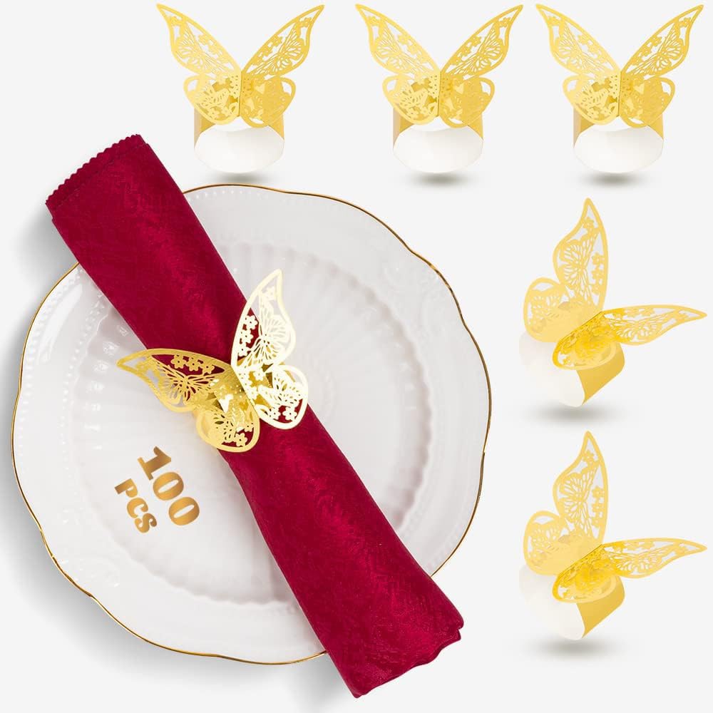 100 Pcs Gold Laser Cut Butterfly Napkin Rings - Elegant Foil Paper Napkin Holders for Wedding, Party & Restaurant Table Decorations - Perfect for Bridal Showers, Anniversary Dinners & Fine Dining Events