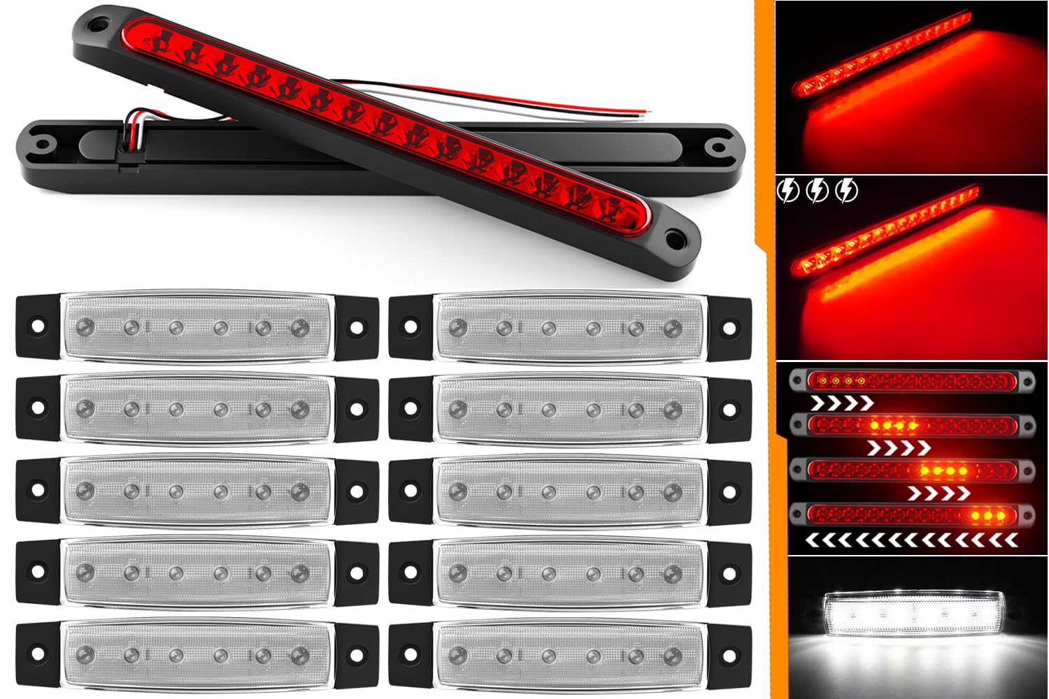 PSEQT 3.9'' White LED Rock Underglow Grille Fender Strip Lights & 10'' Red Trailer Tail LED Lights Kit - 10Pcs + 2Pcs for Off-Road Trucks, Jeeps, ATVs - Waterproof, Durable for Night Driving & Outdoor Adventures