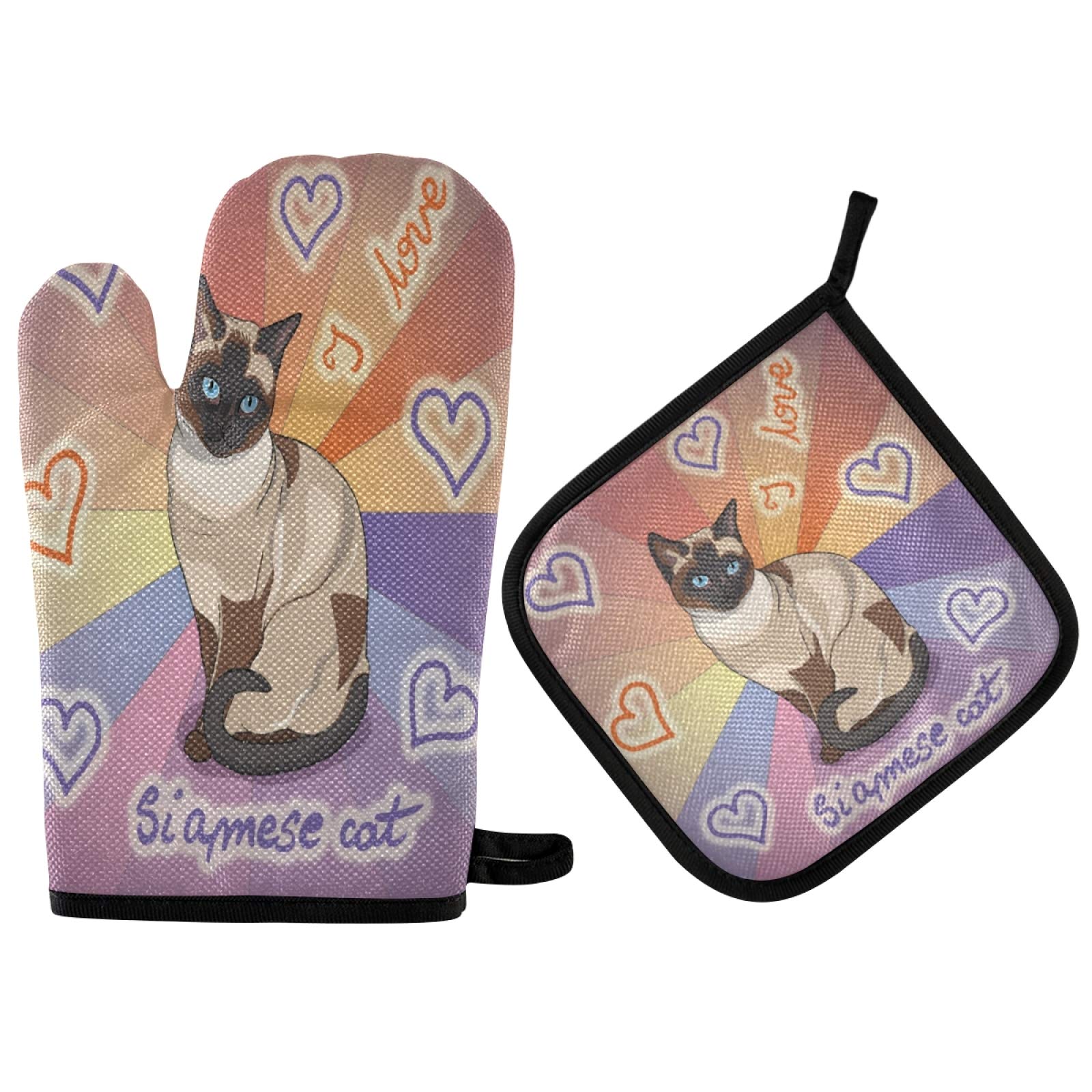 QUGRL Siamese Cat Oven Mitts and Pot Holders Set - Colorful Heart Pattern Heat Resistant Kitchen Gloves for Baking, Cooking, BBQ & Hot Pads - Perfect for Handling Cookware, Bakeware and Grilling Accessories