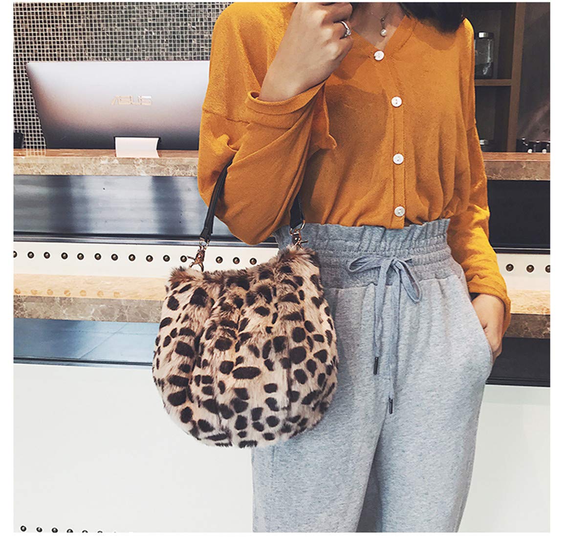 Marchome Women's Small Round Faux Fur Crossbody Shoulder Bag - Leopard Print Fashion Purse for Casual Outings, Parties & Date Nights