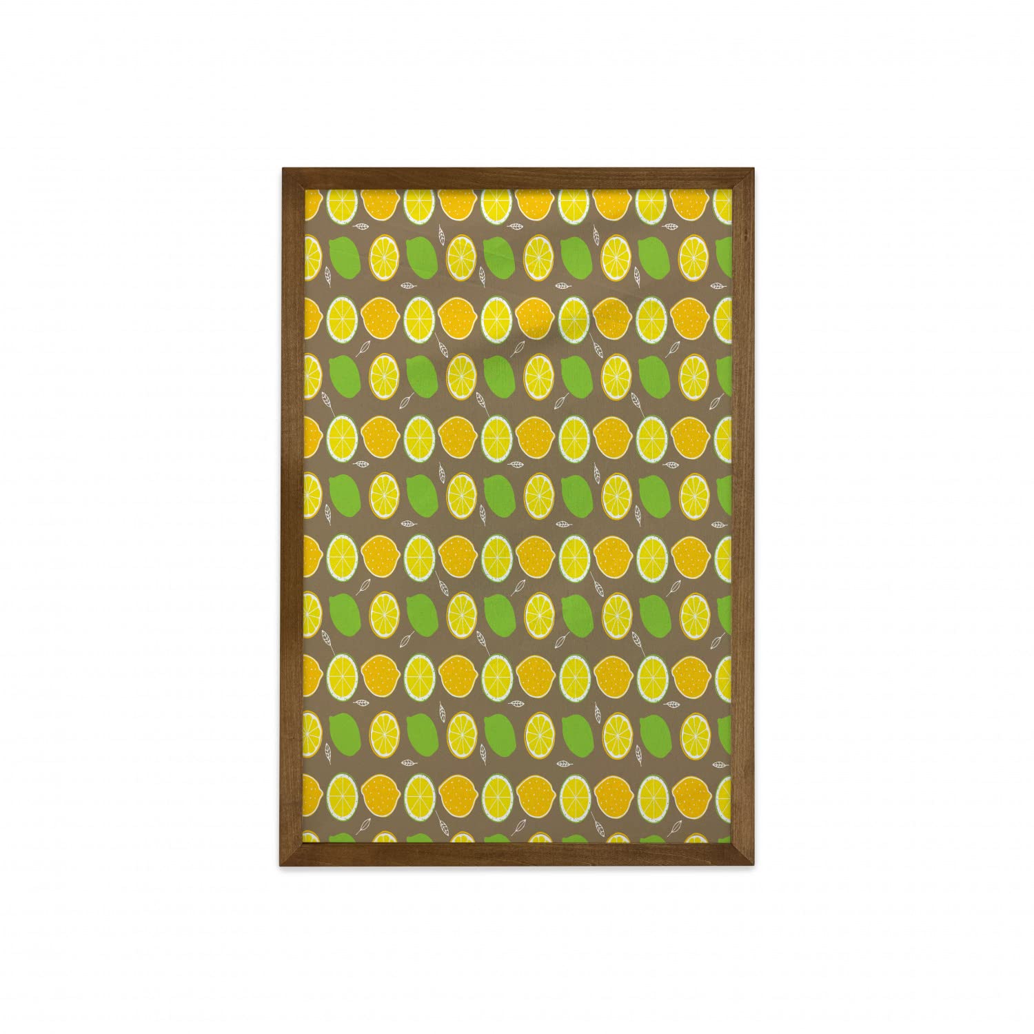 Ambesonne Lemons Framed Wall Art - Vibrant Lime & Lemon Print on Taupe Background with Teak Wood Frame, 23