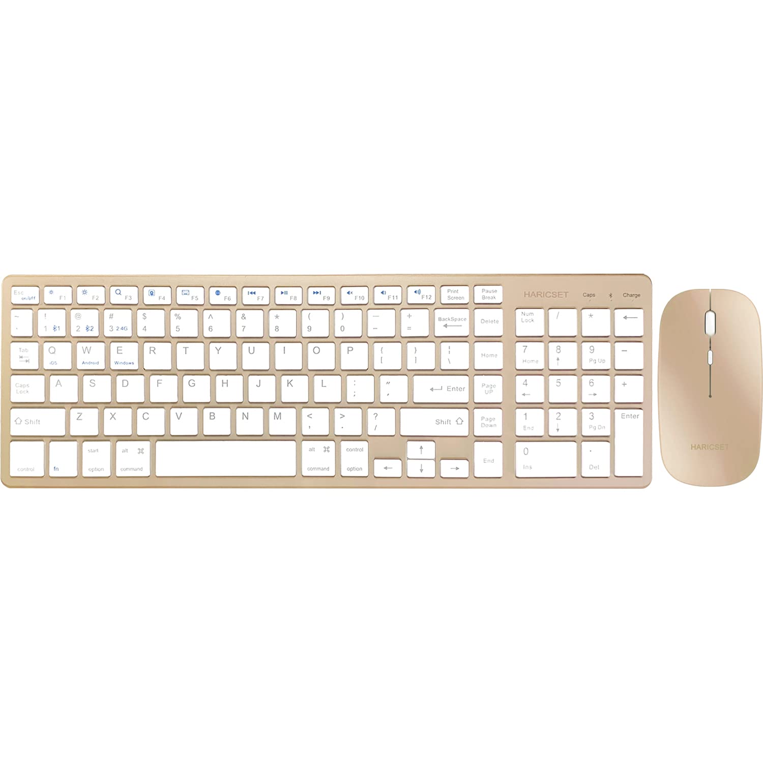 Haricset Wireless Keyboard and Mouse Combo - Rechargeable Full-Size Silent Slim Bluetooth 3.0/5.0 & 2.4G Dual-Mode for Windows, Mac, Android, iOS - 3-Level DPI Adjustable Mouse (Gold) - Perfect for Office, Home & Gaming Use