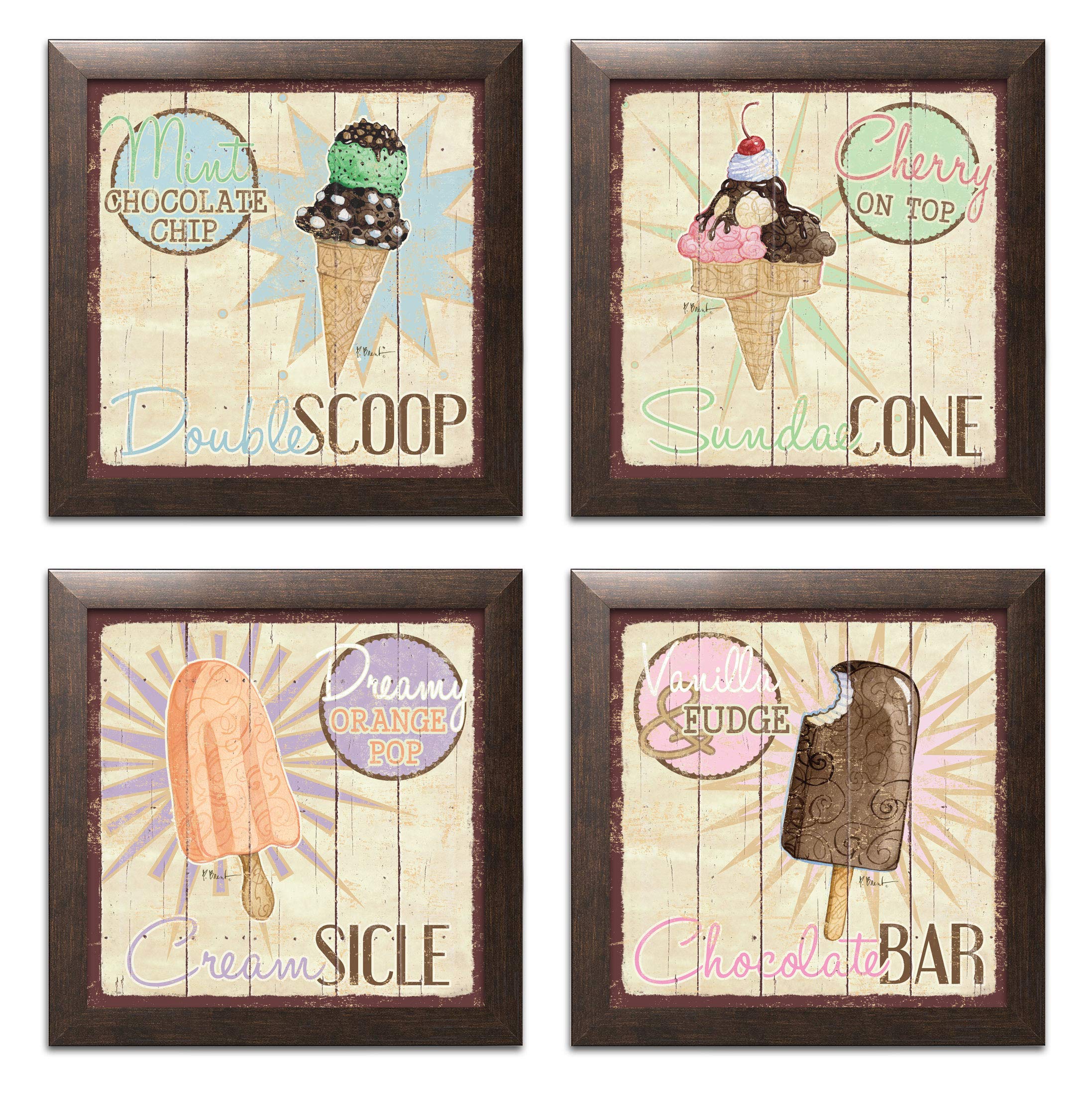 Vintage Ice Cream Shop Wall Art Set - Double Scoop, Sundae Cone, Creamsicle & Chocolate Bar Prints - 4 Pack 12x12 Inch Brown Framed Kitchen Decor - Perfect for Ice Cream Parlor, Diner, Bakery or Retro Home Decor