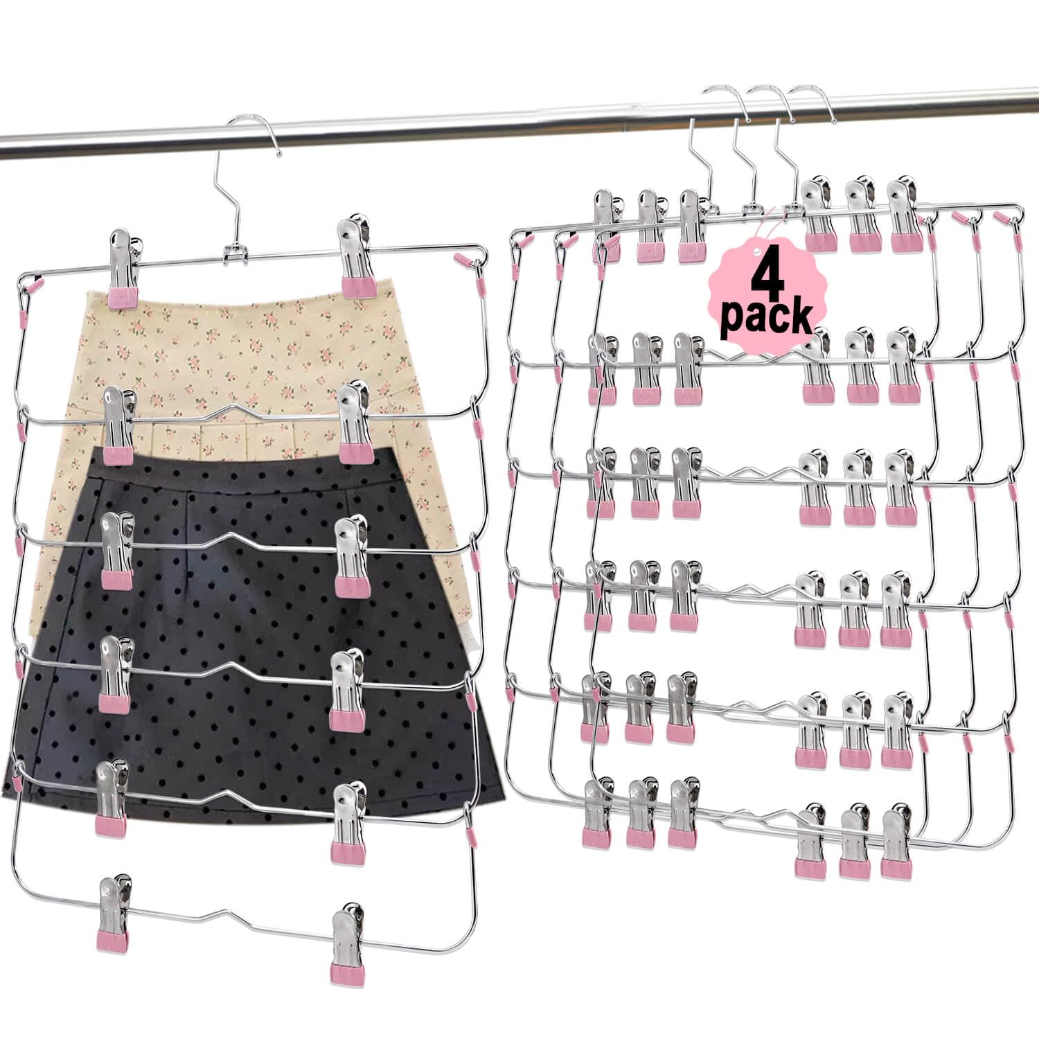 6-Tier Metal Skirt & Pants Hangers with Non-Slip Clips - Space Saving Closet Organizer for Shorts, Skirts & Clothes (Pink, Set of 4) - Perfect for Wardrobe Organization & Small Closet Storage