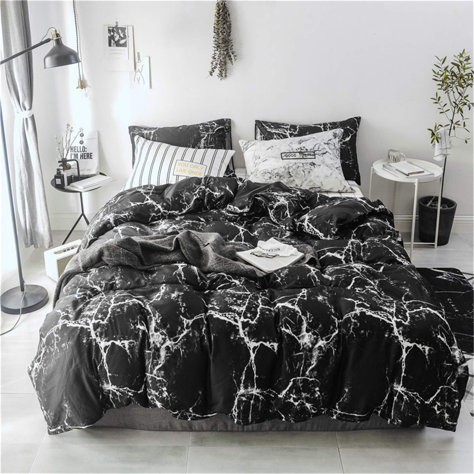 Black Marble Comforter Set King Size - Modern Abstract Gothic Bedding with Breathable Soft Cotton - Black and White Quilted Blanket for Adults & Teens - Perfect for Gothic, Boho & Contemporary Bedrooms